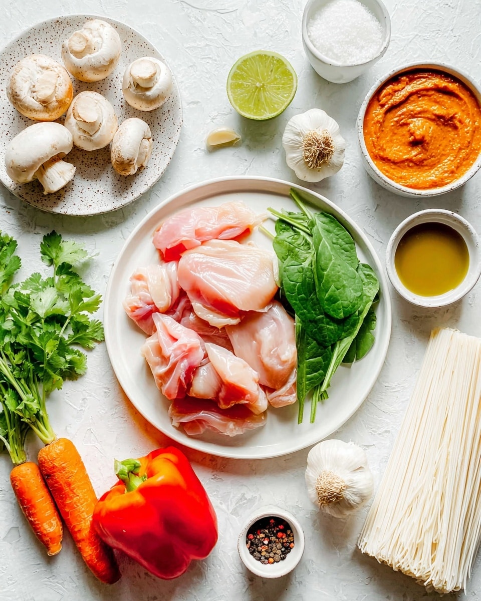 The image shows fresh raw chicken pieces placed on a white round plate in the center. Around it are colorful vegetables including a bright orange carrot, a red bell pepper, fresh green spinach leaves, and green cilantro sprigs. There are whole mushrooms, half an onion, and peeled garlic cloves near the top left. On a white speckled plate to the right, there are two lime halves and a bowl with orange-red paste. A small white bowl of oil with pepper is near the top right, and a small white bowl with a creamy white sauce is near the bottom. Rice noodles are positioned vertically on the right side, all set on a white marbled background. Photo taken with an iphone --ar 4:5 --v 7