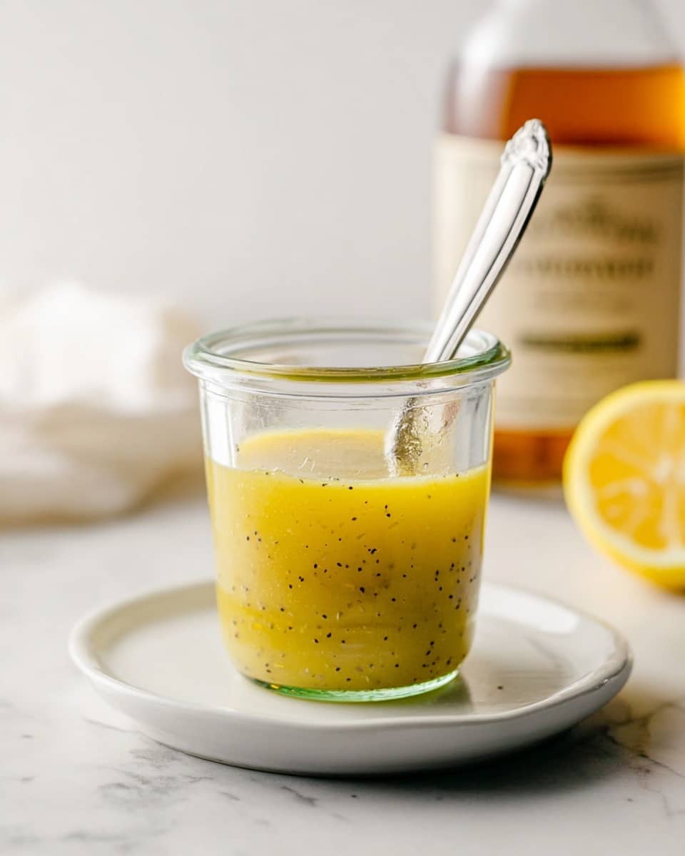 A clear glass jar filled with a two-layer yellow mixture, the bottom layer is thicker with visible black and white pepper specks, while the top layer is smoother and lighter in color. The jar sits on a white plate, and inside the jar is a silver spoon standing upright. In the background, there is a blurred bottle with a beige label and a halved lemon. The whole setup is on a white marbled surface. photo taken with an iphone --ar 4:5 --v 7
