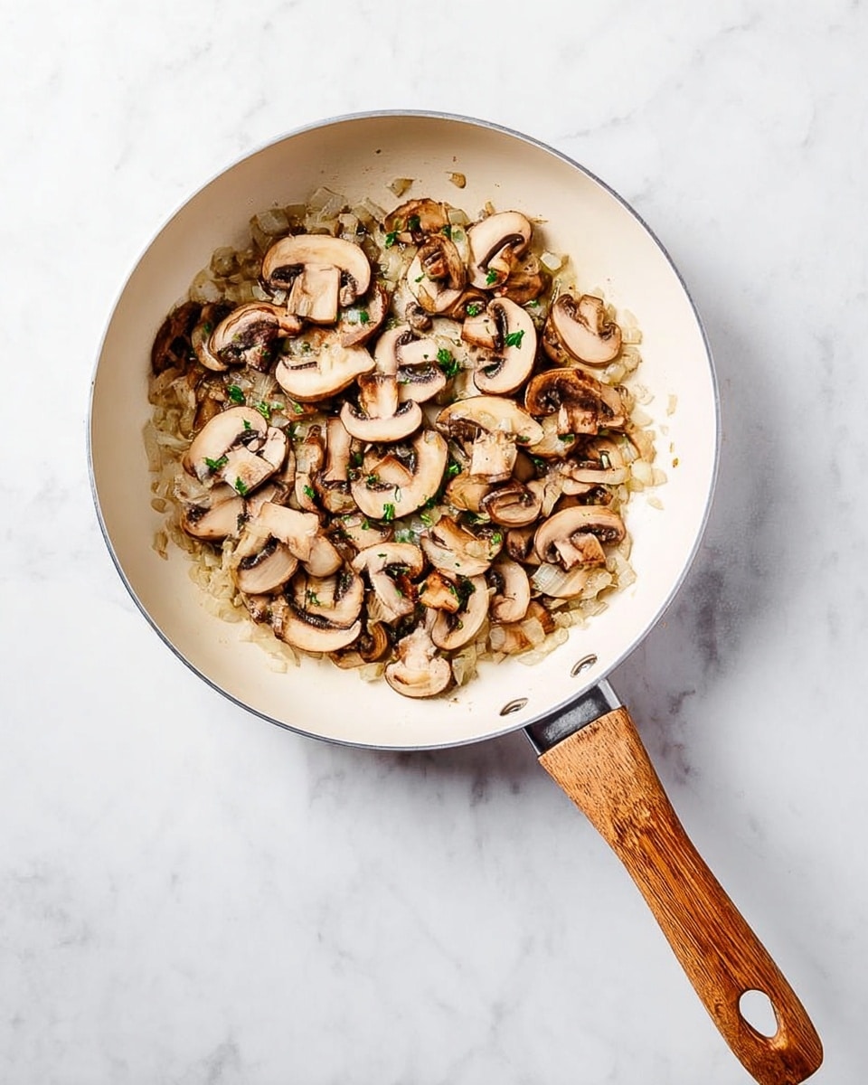 The image shows a white pan with a wooden handle resting on a white marbled surface. Inside the pan, there is one layer of sliced mushrooms that are light brown with some darker browned edges, mixed with translucent cooked onions that have a soft texture. The mushrooms and onions fill the pan evenly, with the wooden handle extending to the right side. The photo taken with an iphone --ar 4:5 --v 7