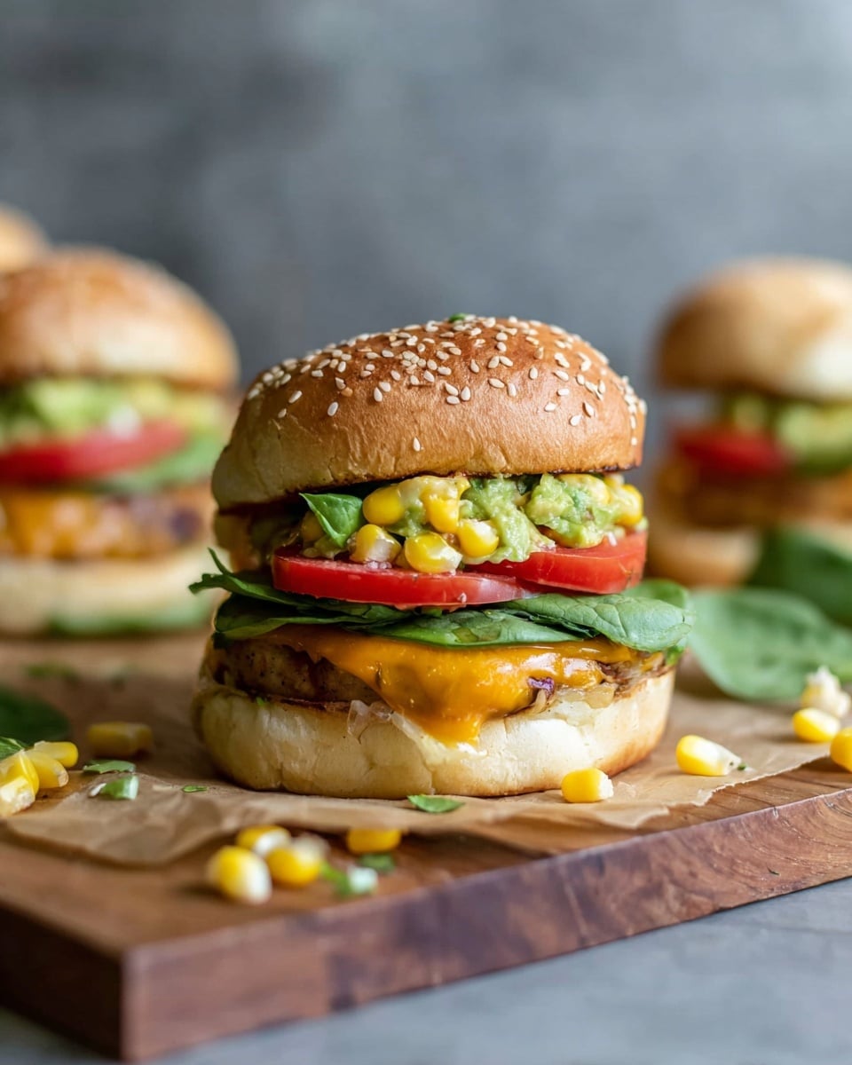 The image shows a close-up of a sandwich with a sesame seed bun on top and bottom. The bottom bun holds a melted orange cheese layer over a thick patty. Above the patty are fresh layers of red tomato slices, green spinach leaves, and a chunky yellow and green guacamole with corn kernels mixed in. The sandwich is placed on brown parchment paper over a wooden surface, with scattered corn kernels and spinach leaves around it. The background is a soft blurry gray, showing more sandwiches out of focus. photo taken with an iphone --ar 4:5 --v 7