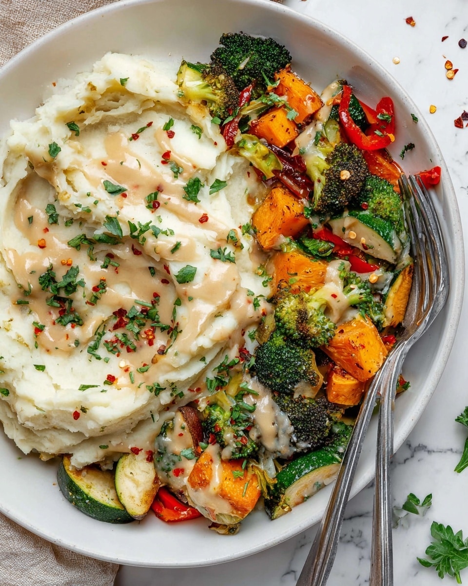 The dish shows a white plate with two main parts: on the left, there is a thick layer of creamy mashed potatoes mixed with bits of potato skin, topped with light beige sauce drizzled unevenly, small red chili flakes, and green parsley leaves scattered on top; on the right, there is a colorful mix of roasted vegetables including bright orange sweet potatoes, green broccoli, light green zucchini slices, and red bell pepper pieces, all covered lightly with the same beige sauce and sprinkled with green parsley; two silver forks are placed with their handles resting on the plate near the mashed potatoes, and the whole plate sits on a white marbled surface with some parsley leaves scattered around. photo taken with an iphone --ar 4:5 --v 7