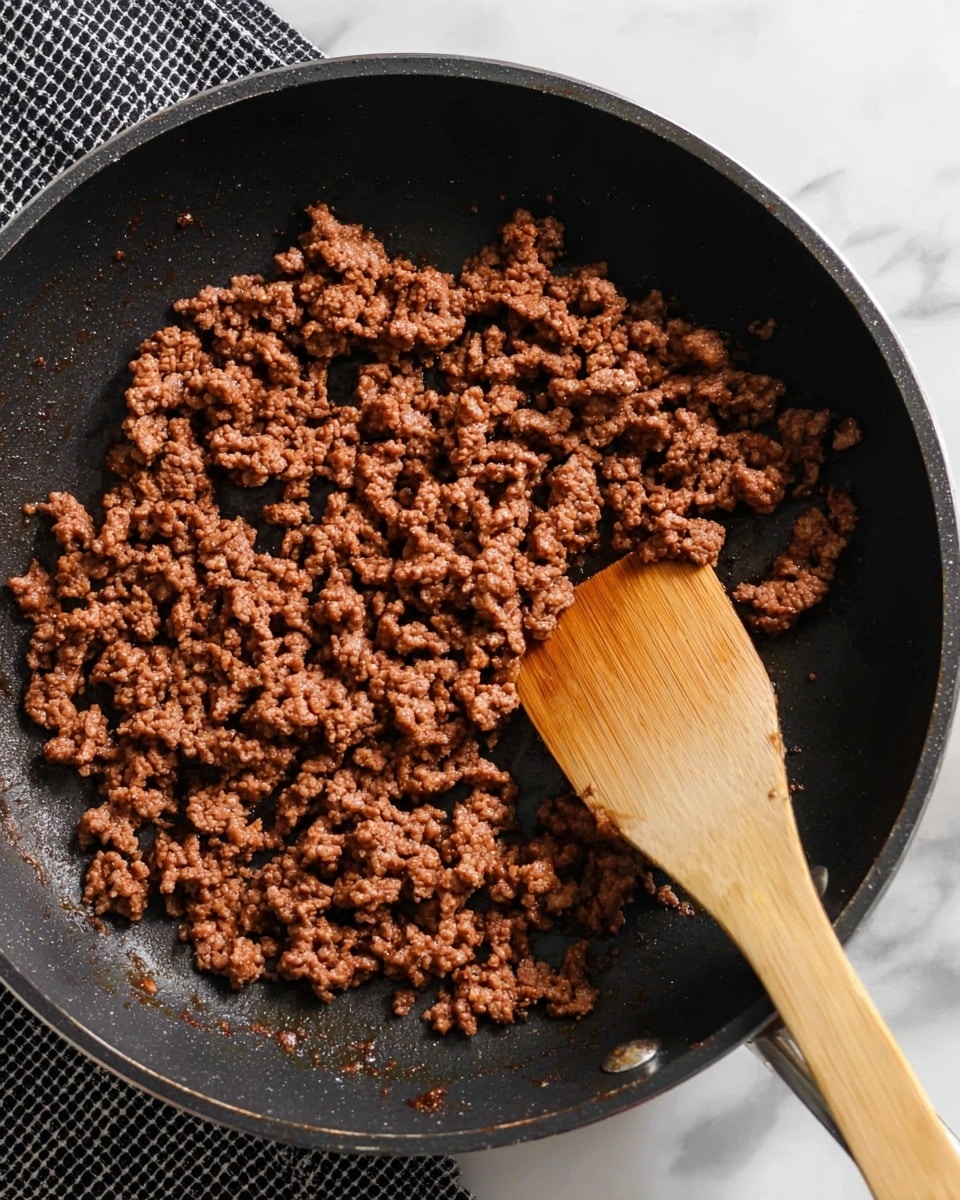 A close-up view shows a black frying pan filled with browned ground meat that has a crumbly, textured surface in varying shades of brown. A wooden spatula with a smooth, light brown grain lies on the right side of the pan, partially resting on the meat. The pan is set on a white marbled surface with a black and white checkered cloth in the background. The photo taken with an iphone --ar 4:5 --v 7