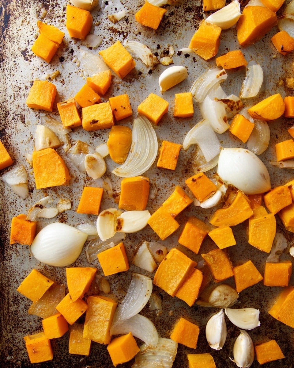The image shows small pieces of orange squash cubes scattered all over a baking tray, mixed with white onion slices and whole garlic cloves. The squash cubes have a soft texture with some showing slight caramelized spots. The onion slices are translucent with some brown edges, and the garlic cloves look whole and slightly roasted. The tray surface is metal and shows some dark spots from cooking. The overall layout is random with the vegetables spread out loosely for roasting. photo taken with an iphone --ar 4:5 --v 7