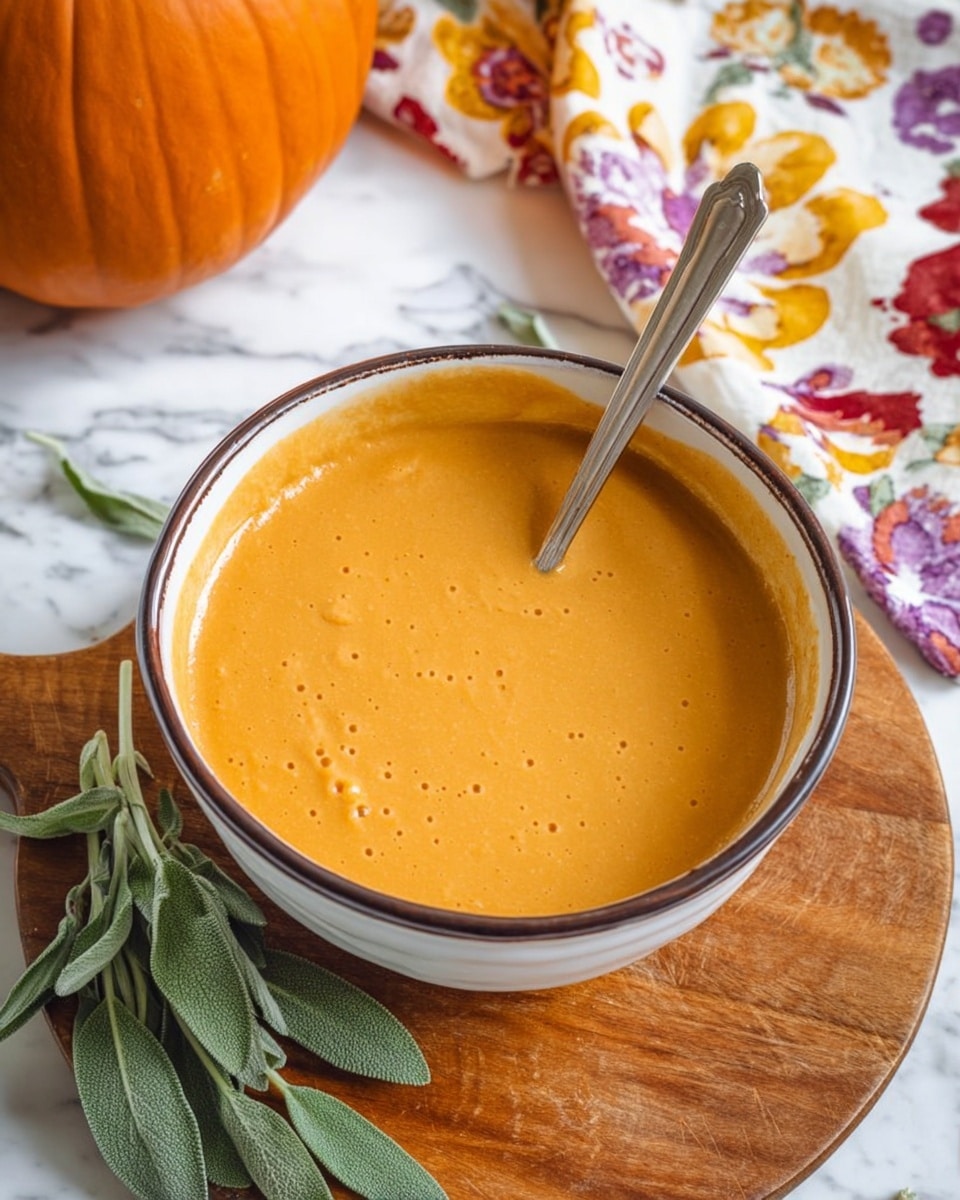A white bowl with a dark rim filled with a smooth, orange creamy mixture that has a slightly thick texture, with some small bubbles visible on the surface. A metal spoon stands upright in the bowl, slightly stirring the creamy mixture. The bowl sits on a round wooden board, next to fresh sage leaves with soft green color and velvety texture. In the background, a bright orange pumpkin is partly shown on a white marbled surface, and a cloth with large floral patterns in yellow, red, and purple lies casually beside the bowl. photo taken with an iphone --ar 4:5 --v 7
