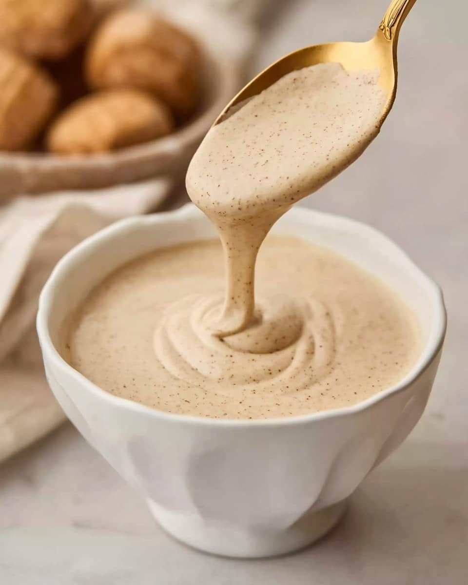 A white bowl filled with smooth, creamy beige sauce that has tiny darker specks mixed throughout. A golden spoon held above the bowl drips the sauce back into it, showing its thick, flowing texture. The bowl is on a white marbled surface with blurred light brown objects in the background. photo taken with an iphone --ar 4:5 --v 7