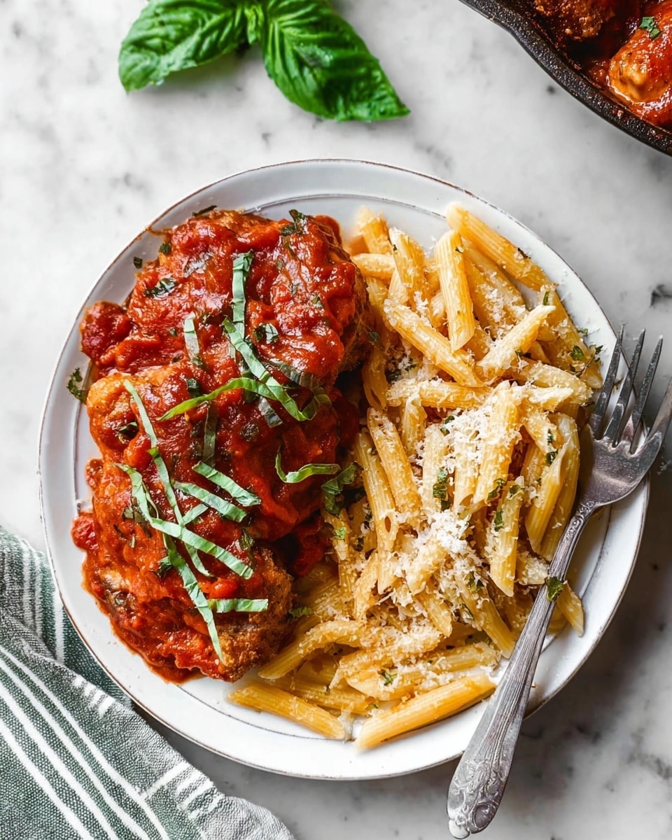 A white plate sits on a white marbled surface, filled with two main parts. On the left, there are three pieces of cooked meat covered in a thick red tomato sauce with a chunky texture, topped with thin green basil strips. On the right side of the plate, there is a mound of penne pasta, light yellow in color, mixed with some tomato sauce and sprinkled with grated white cheese. A metal fork rests on the right side of the pasta, slightly inserted into it. In the top left corner, a green basil leaf and a striped cloth are partially visible. Photo taken with an iphone --ar 4:5 --v 7
