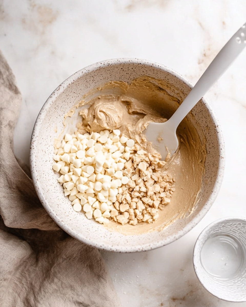 A speckled white bowl filled with a light tan creamy mixture as the bottom layer, topped with two piles of small, round pieces: one pile of white chocolate chips and another pile of light beige chopped nuts on the right side. A white spatula with a smooth handle is placed inside the bowl, resting on the mixture. The bowl sits on a white marbled surface, with a small empty white bowl and a clear glass cup to the right of it. A beige cloth is partially visible on the left side. The lighting is soft and natural. photo taken with an iphone --ar 4:5 --v 7
