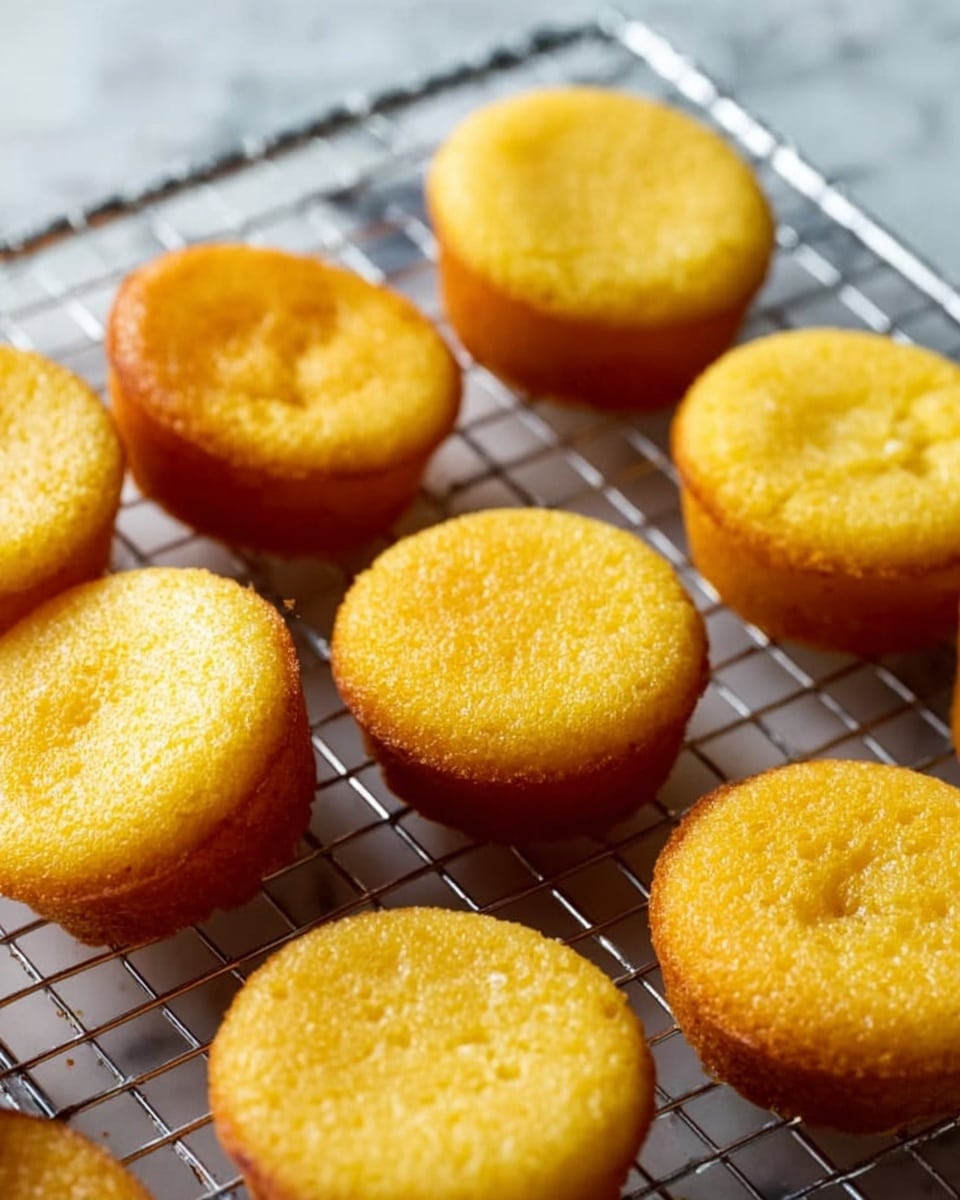 The image shows several small, round, golden yellow cakes with a slightly shiny surface resting on a metal cooling rack. Each cake has a smooth, slightly textured top and gently sloping sides, with a consistent golden color throughout. The cakes are arranged close to each other, filling most of the cooling rack, which sits on a white marbled surface. Photo taken with an iphone --ar 4:5 --v 7
