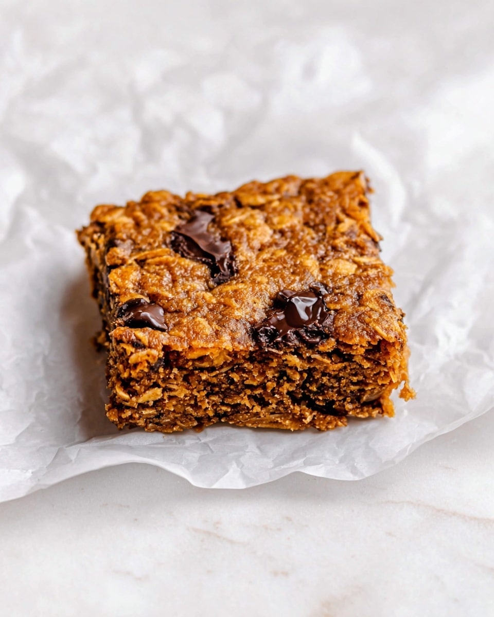 A single thick square bar rests on crinkled white parchment paper against a white marbled surface. The bar has two visible layers of dense, coarse texture with tiny bits that show oats or nuts mixed in. The top layer is a golden-brown color with dark, shiny chocolate chunks melted partially on and slightly sinking into the surface. The edges of the bar have a slightly crumbly look, with a moist but firm interior showing the mix of oats and chocolate. photo taken with an iphone --ar 4:5 --v 7