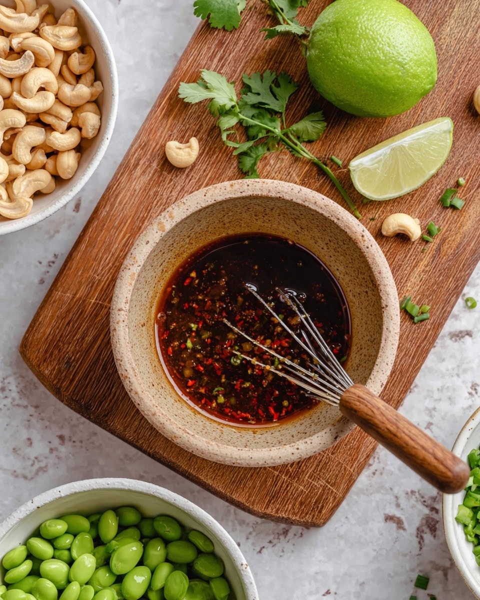 A light brown speckled bowl on a wooden board holds a dark reddish-brown sauce with visible small red and dark bits, stirred by a small metal whisk with a wooden handle resting inside. Above the bowl on the board is a fresh green lime half, some green chopped onion pieces, a few whole cashew nuts, and green cilantro leaves. To the left on the white marbled surface, there are two white bowls, one filled with green edamame beans and the other with chopped green onions. Another white bowl at the bottom contains a mix of green edamame beans and whole cashews. photo taken with an iphone --ar 4:5 --v 7