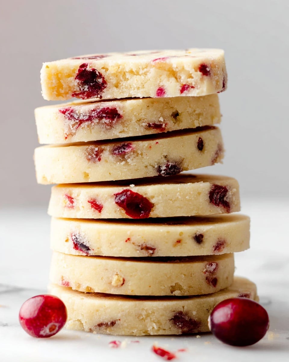 A stack of seven round shortbread cookies with small pieces of red cranberries evenly mixed inside each cookie. The cookies are pale yellow with bits of red showing through, and they are neatly piled on top of each other on a white marbled surface. Two small red cranberries rest near the base of the stack, adding a fresh look. The lighting is bright, highlighting the soft texture and slight crumbly edges of the cookies. Photo taken with an iphone --ar 4:5 --v 7