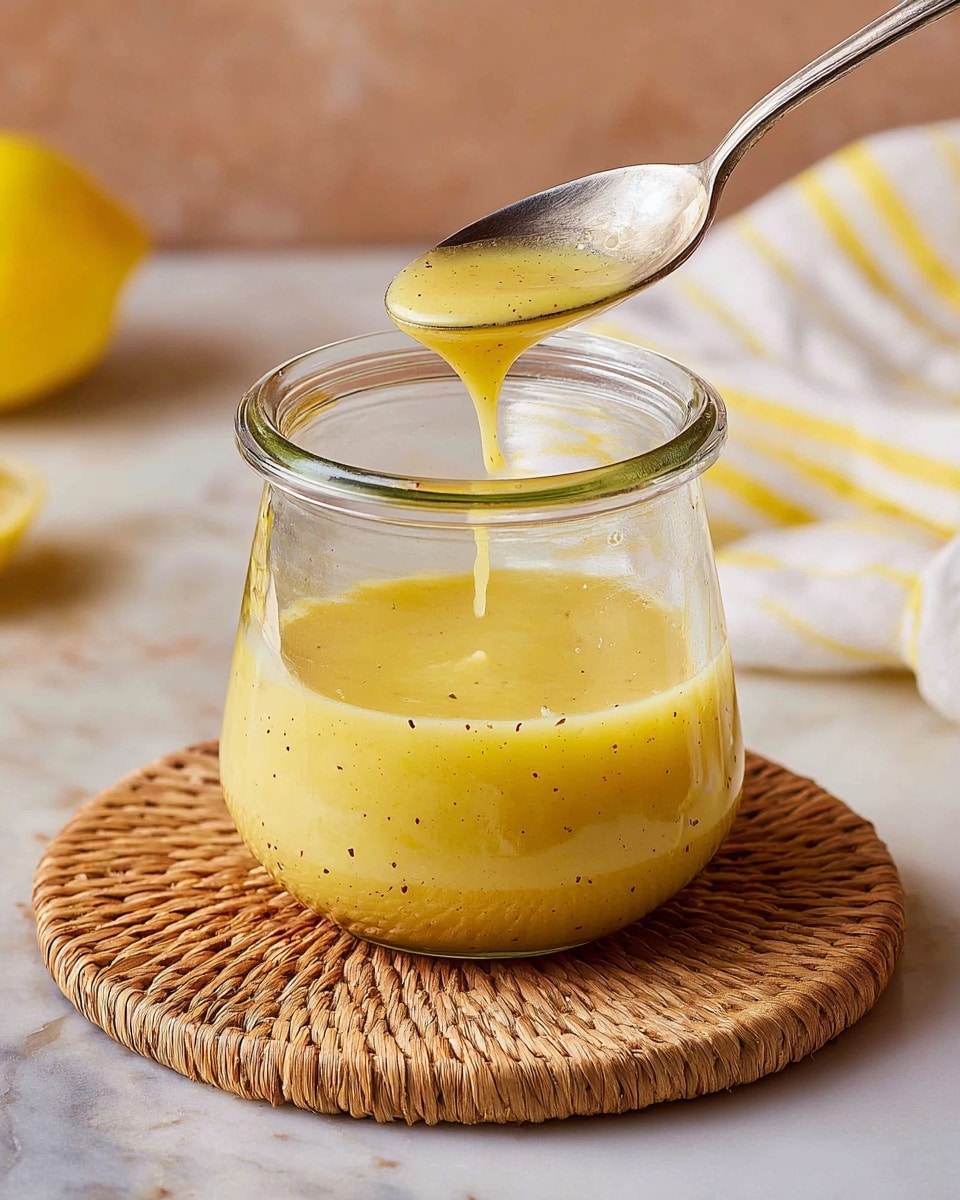 A clear glass jar filled with a yellow sauce that has small dark specks evenly spread throughout, showing two layers with a slightly thicker layer near the bottom. Above the jar, a silver spoon holds some of the sauce dripping slowly back into the jar, displaying a smooth and glossy texture. The jar sits on a round, woven straw coaster, placed on a white marbled surface. In the softly blurred background, there is a piece of yellow lemon on the left and a white cloth with yellow stripes on the right. Photo taken with an iphone --ar 4:5 --v 7