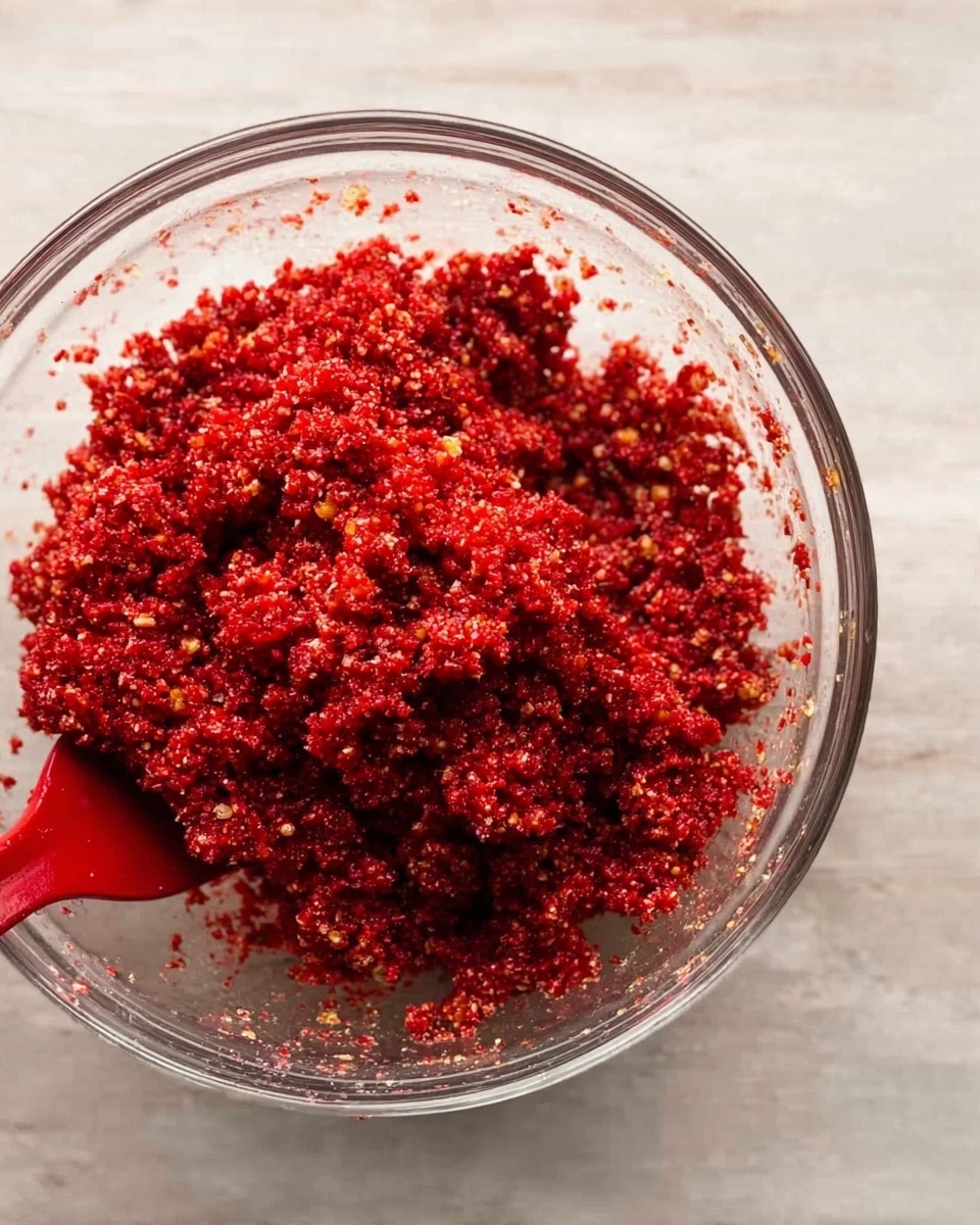 A clear glass bowl filled with a rough textured, finely chopped mixture that is bright red with small bits of light tan ingredients mixed in, sitting on a white marbled surface. The mixture looks moist and sticky, with a red spatula slightly visible on the right side inside the bowl. Photo taken with an iphone --ar 4:5 --v 7