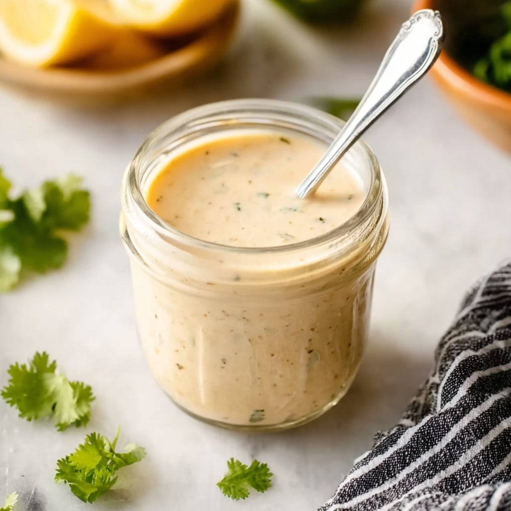 A small clear glass jar filled with a creamy, light beige sauce speckled with tiny herbs and spices, with a silver spoon inserted inside. The jar rests on a white marbled surface with some green cilantro leaves scattered nearby and blurred lemon wedges and a bowl in the background. A black and white striped cloth is partially visible on the right side. The sauce looks smooth and thick, filling the jar up to the top photo taken with an iphone --ar 4:5 --v 7