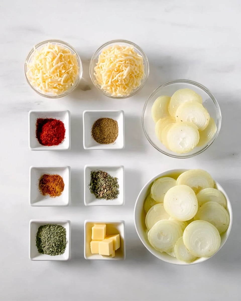 The image shows an overhead view of various ingredients arranged neatly on a white marbled surface. On the bottom right is a white bowl filled with thick, round slices of peeled potatoes, pale yellow in color. To the left, there are two clear round bowls, each filled with shredded cheese that is pale yellow with a slight orange hue. Above and between the cheese bowls are several small square white dishes, each containing different dried herbs and spices — one has bright red powder, and others contain green and brown dried herbs with fine textures. One small square dish contains small yellow cubes resembling butter. All items are spaced evenly, with clean, bright lighting highlighting the textures and colors. Photo taken with an iphone --ar 4:5 --v 7