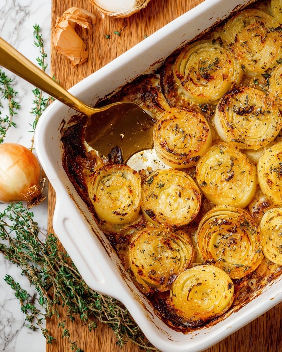 A white baking dish filled with one layer of cooked golden-brown onion slices, each round shape showing distinct rings and seasoned with herbs and black pepper. The onion slices have a slightly crispy edge and a shiny, glazed surface. A golden spatula is lifting some of the onions from the dish, showing the textured surface beneath. The dish is placed on a wooden table with scattered sprigs of fresh thyme and a few onion skins around it. The background features a white marbled texture. photo taken with an iphone --ar 4:5 --v 7