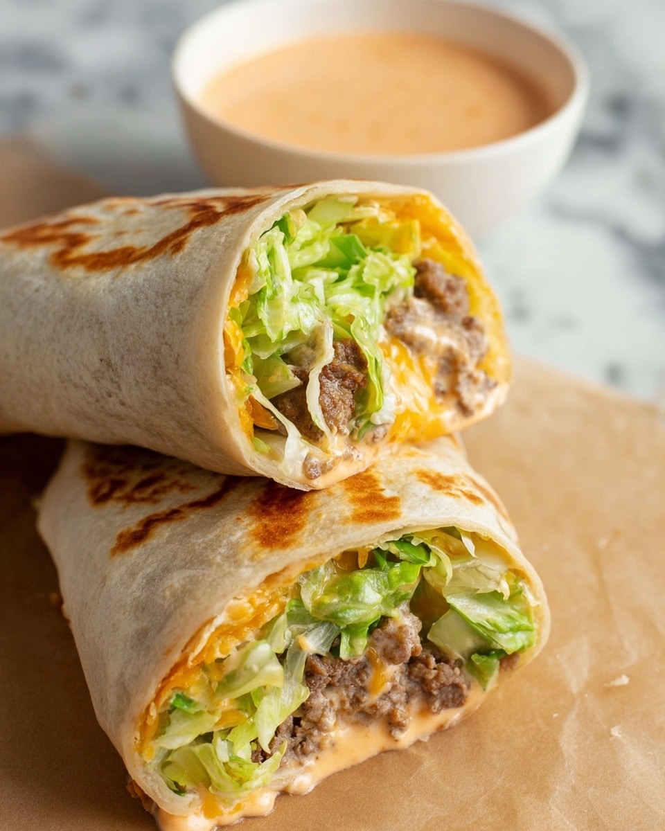 Two cut halves of a burrito sit on a light brown paper on a white marbled surface. Each burrito has three visible layers: a light tan soft tortilla wrap outside, inside shredded bright green lettuce on the top half, cooked ground brown meat mixed with creamy light orange sauce in the middle, and shredded orange cheese near the bottom. The edges of the burrito are slightly toasted with golden brown spots. Behind the burritos, a plain white bowl with more light orange sauce is partly visible. photo taken with an iphone --ar 4:5 --v 7
