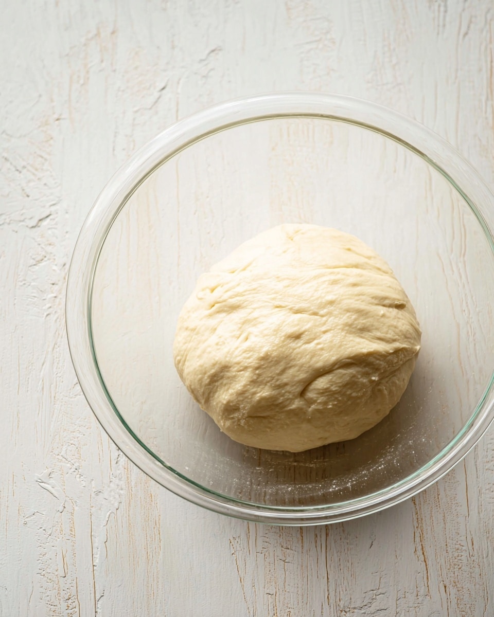 A clear glass bowl holding a single, smooth ball of light beige dough with slight folds and a soft texture, placed on a white marbled surface with subtle wood grain patterns showing through. The dough sits slightly off-center in the bowl, which reflects gentle light that highlights the dough's softness and plumpness. The scene is bright and simple, focusing on the dough ball’s slightly shiny surface and the clear contours of the glass bowl. Photo taken with an iphone --ar 4:5 --v 7