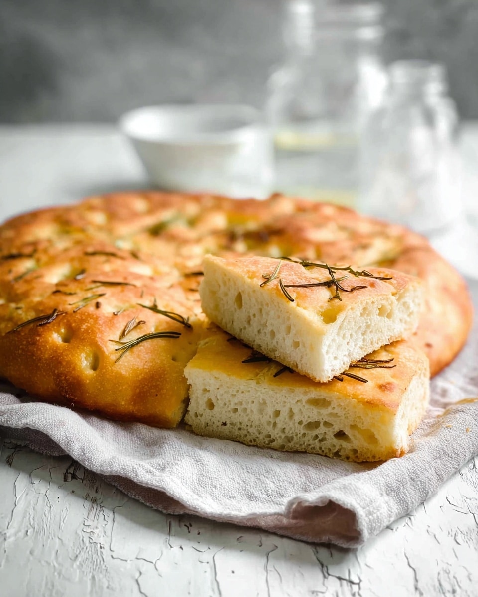 The image shows a large round focaccia bread with a golden brown crust sprinkled with small, dark green rosemary leaves. On top of the bread, there are two triangular slices stacked, showing the soft, light beige inside with some small holes. The bread is resting on a light gray cloth, placed on a white marbled wooden surface. In the blurred background, there are clear glass jars and a white bowl. The light is soft and natural, highlighting the texture of the bread. photo taken with an iphone --ar 4:5 --v 7