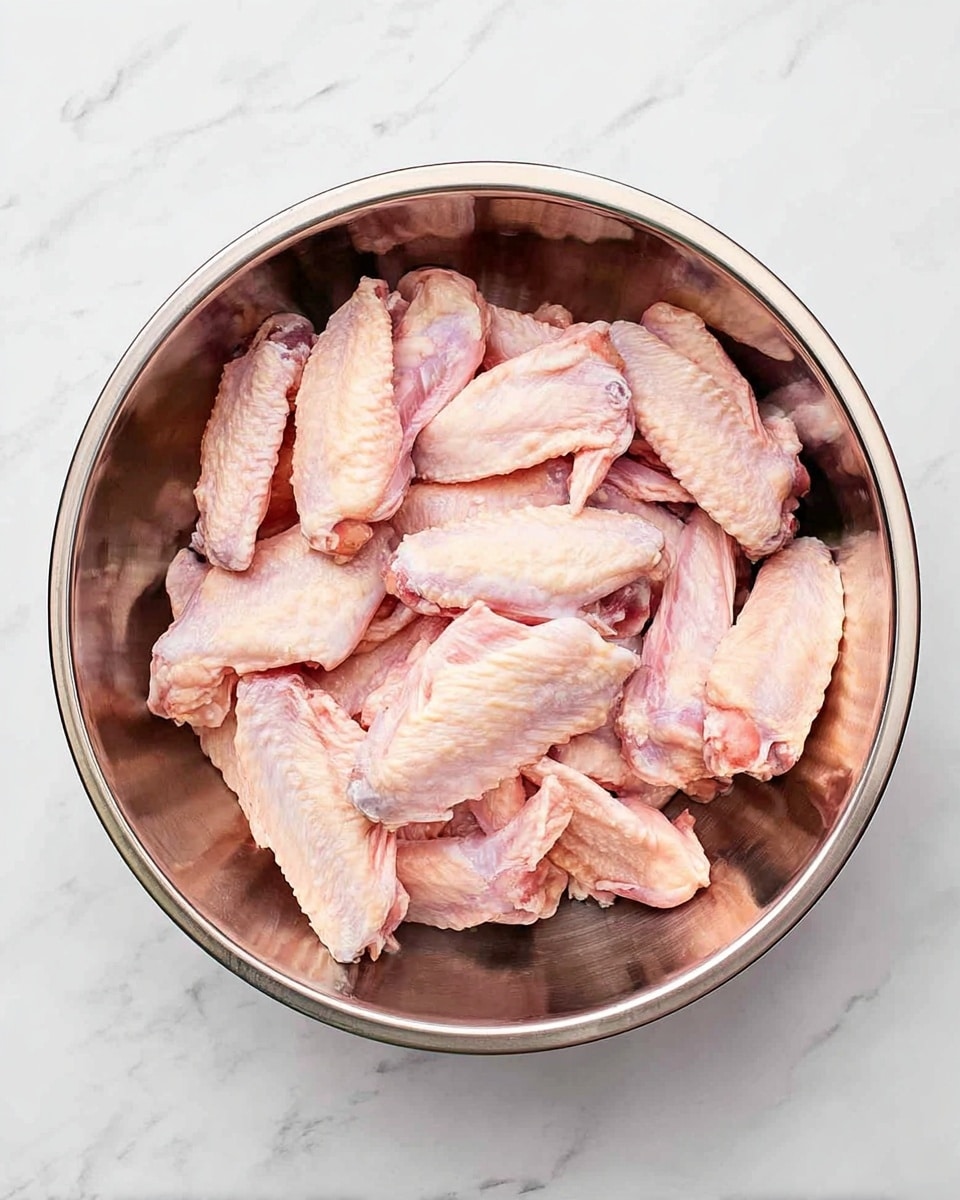 A metal bowl filled with many small raw chicken wings with pale pink skin and some white fat parts, arranged loosely and filling the bowl about halfway on a white marbled surface photo taken with an iphone --ar 4:5 --v 7