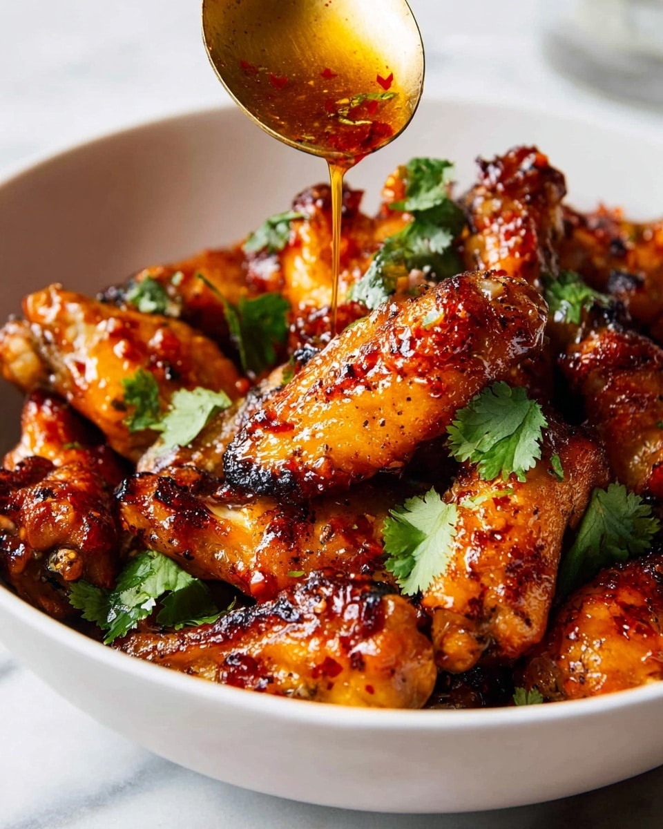 A white bowl filled with many golden-brown chicken wings that have a crispy, shiny texture. The wings are coated with a sticky, reddish glaze that looks spicy and sweet. Bright green cilantro leaves sit on top, adding a fresh contrast. A spoon is above the bowl, dripping the thick sauce over the wings, creating a sense of motion and making the dish look very tasty. The bowl is placed on a white marbled surface. photo taken with an iphone --ar 4:5 --v 7