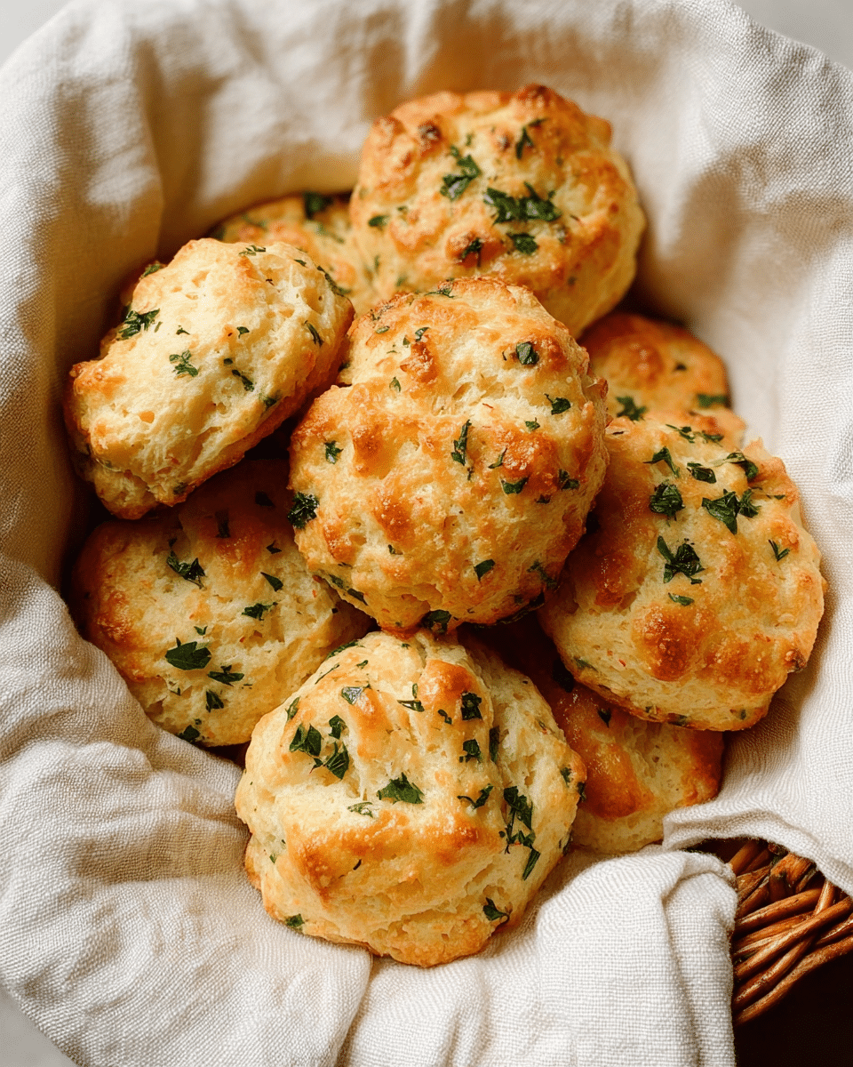 A basket lined with a cream-colored cloth holds eight golden-brown biscuits. Each biscuit has a rough round shape with a slightly bumpy texture and is topped with scattered green herbs that add a fresh touch. The biscuits look soft and fluffy inside but have a light crisp on the outside. The basket and cloth underneath create a cozy, warm feeling. photo taken with an iphone --ar 4:5 --v 7