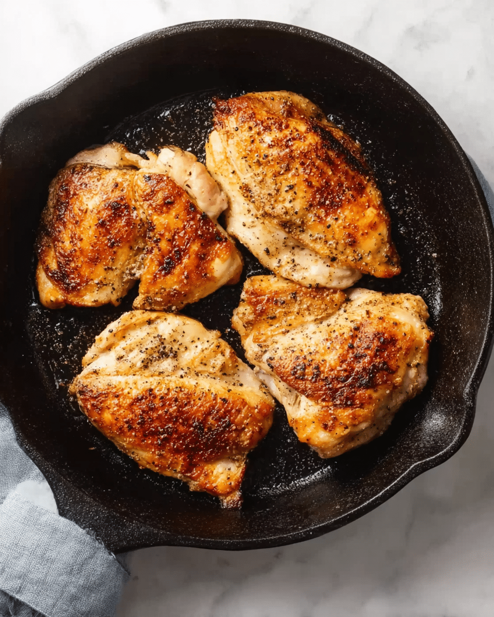 A black cast iron pan holds four golden brown cooked chicken pieces, arranged close to each other but not overlapping. Each piece has a slightly crispy texture with light charring and visible pepper seasoning on the surface. The pan sits on a white marble textured surface, giving a clean and bright look to the scene. photo taken with an iphone --ar 4:5 --v 7