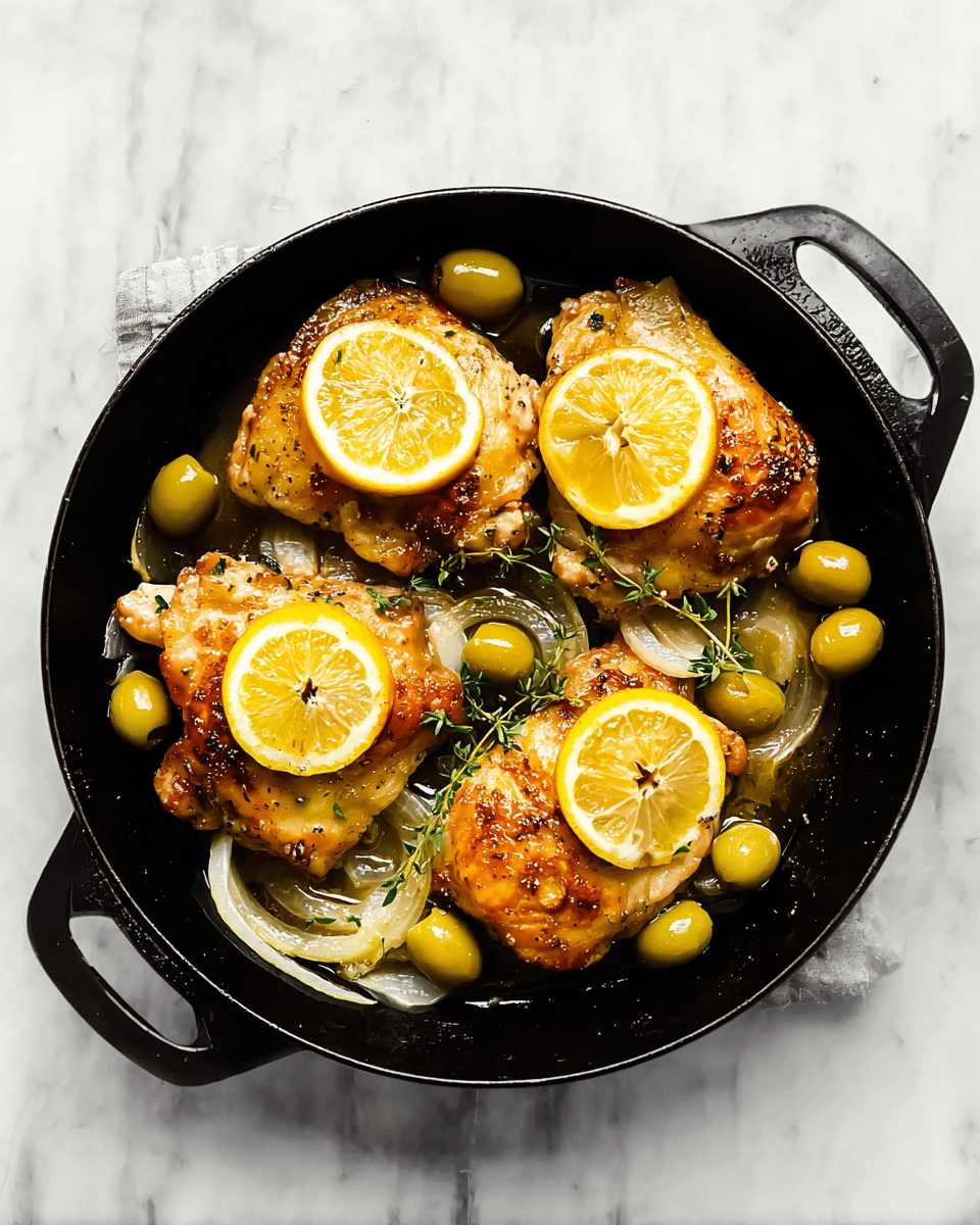 A black cast iron pan holds three browned chicken thighs, each with a sunny yellow lemon slice on top. Scattered around the chicken are glossy green olives and some thin white onion slices showing underneath. The pan is set on a white marbled surface, making the colors of the food stand out. The chicken looks juicy with a nice golden crust, and the lemon slices add a fresh, bright touch. photo taken with an iphone --ar 4:5 --v 7