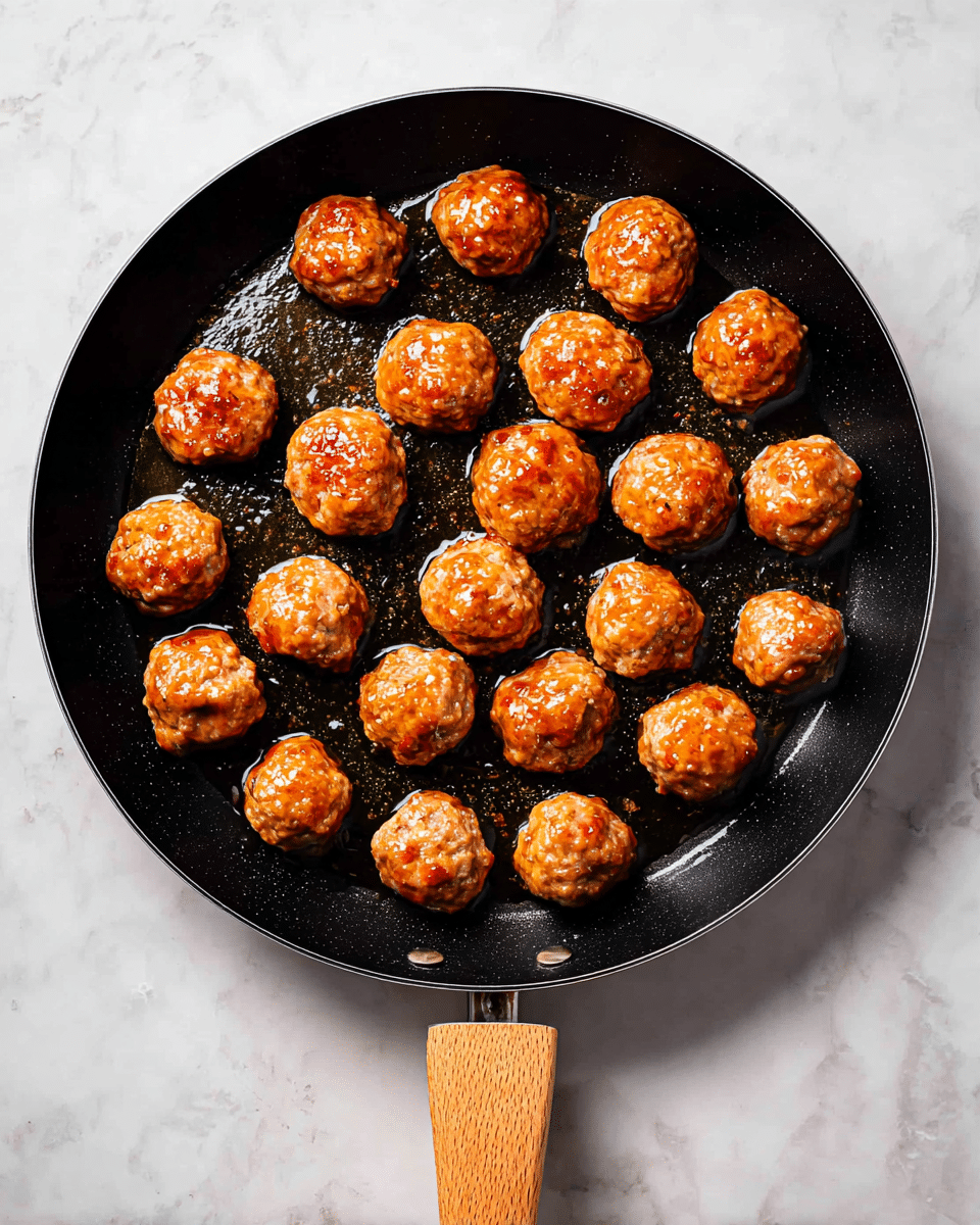 A black frying pan with a wooden handle holds 24 small, round meatballs arranged in an organized way, covering the surface evenly. Each meatball is golden-brown with a shiny glaze, showing a moist and cooked texture. There is a bit of oil around the meatballs, creating a light shine on the pan’s surface. The pan sits on a white marbled texture background, giving a clean and bright look. photo taken with an iphone --ar 4:5 --v 7