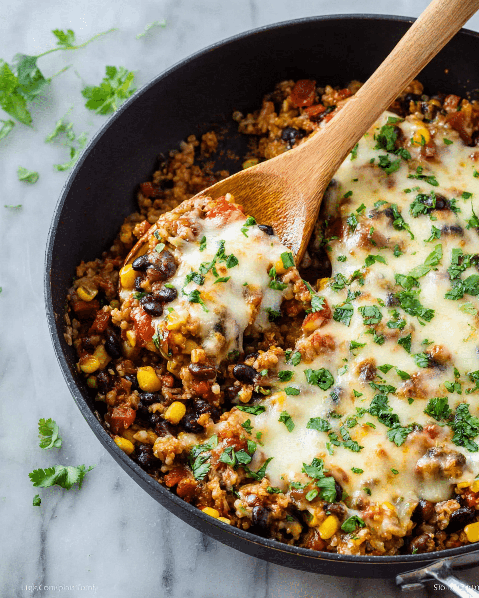 A black pan filled with a warm, colorful dish that has three main layers: at the bottom, a grainy textured layer with brown cooked meat and black beans mixed with small yellow corn kernels and bits of red tomato; in the middle, a melted layer of creamy white and light yellow cheese stretched across the dish; on top, small pieces of bright green chopped herbs scattered evenly. A flat wooden spoon is scooping some of the mixture from the pan, and the pan sits on a white marbled surface with a few loose green herb leaves nearby. photo taken with an iphone --ar 4:5 --v 7