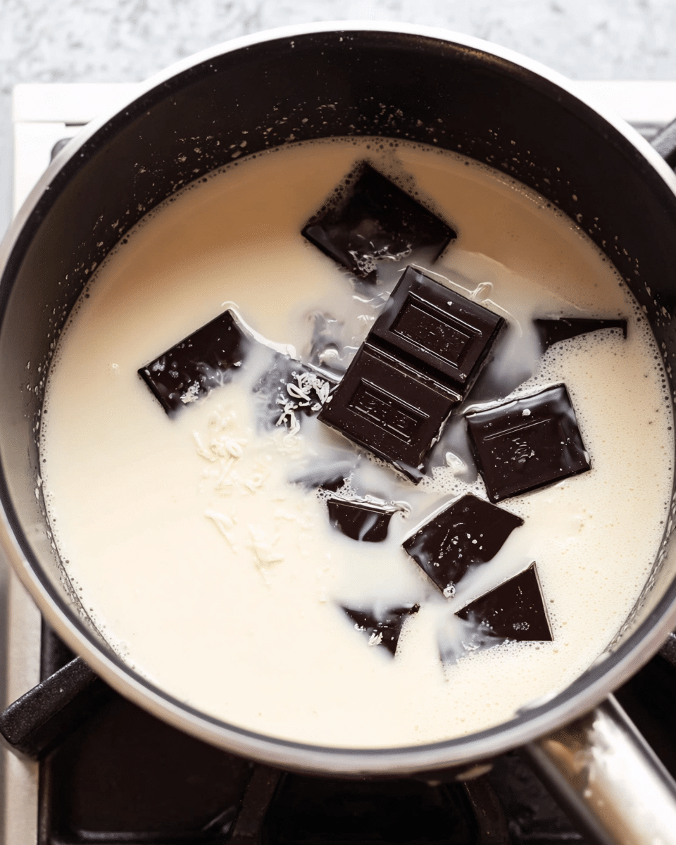 A black pot holds a creamy white liquid filling about half the pot, with several dark chocolate pieces partially submerged in it. The chocolate pieces are mainly square-shaped with some broken edges, and their shiny dark brown color contrasts with the smooth pale cream liquid. Around the pot's inside edges, there are random cream splashes adding texture to the scene. The pot is on a stove burner, and the background surface has a white marbled texture. photo taken with an iphone --ar 4:5 --v 7