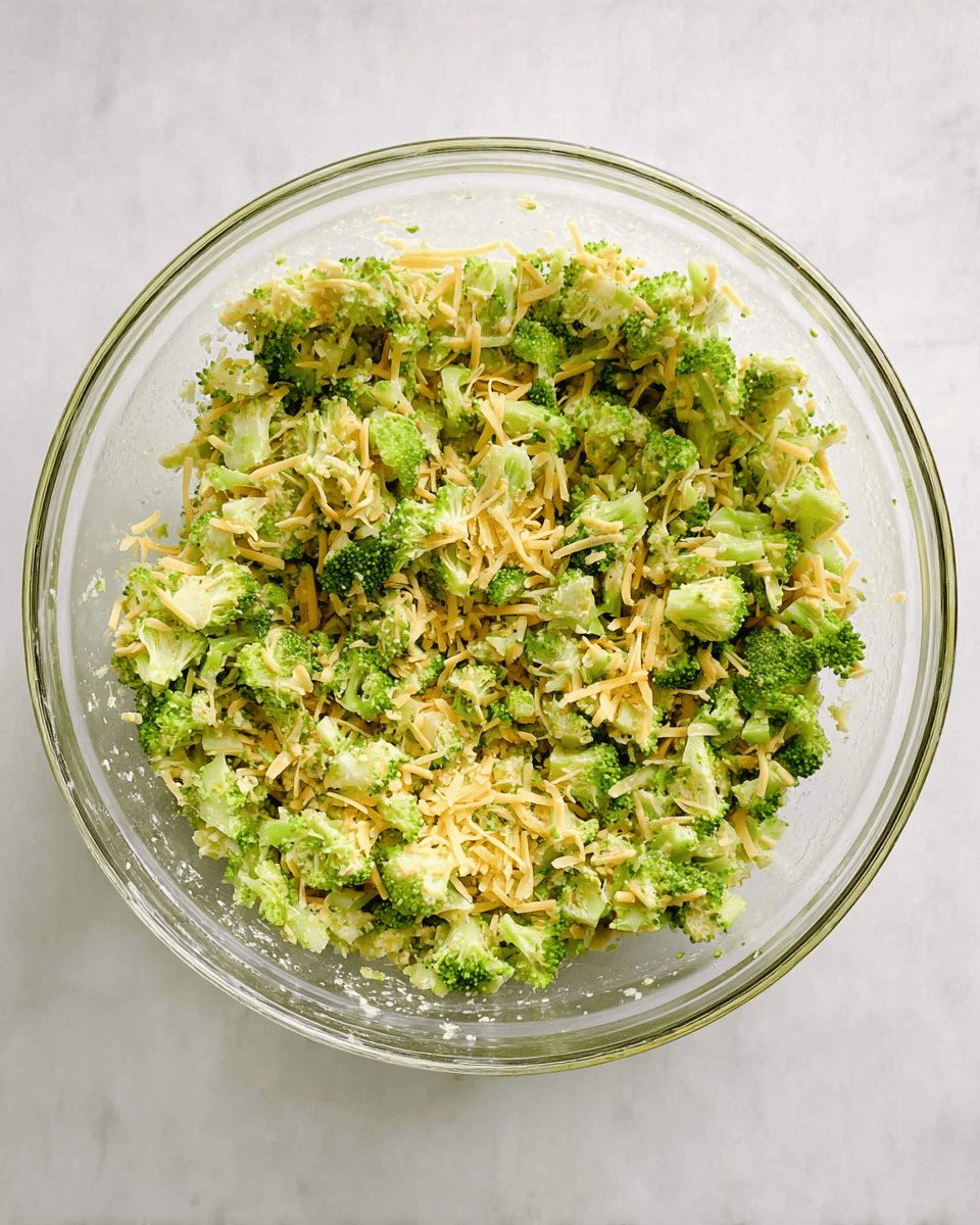 A clear glass bowl filled with a mixed salad of chopped broccoli and finely shredded light yellow cheese, all tossed evenly together. The broccoli pieces are bright green with small florets and stems visible, combined with the soft, stringy cheese. The salad ingredients are spread well throughout the bowl, resting on a white marbled surface. photo taken with an iphone --ar 4:5 --v 7