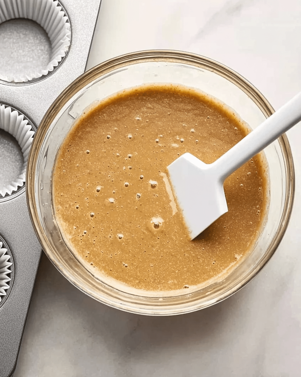 A clear glass bowl filled with a smooth, light brown batter with small bubbles on the surface. A white spatula rests inside the bowl, partially submerged in the batter with its handle leaning outward. The bowl is placed on a white marbled surface, and a metal muffin tray with empty white paper liners is visible next to it. photo taken with an iphone --ar 4:5 --v 7