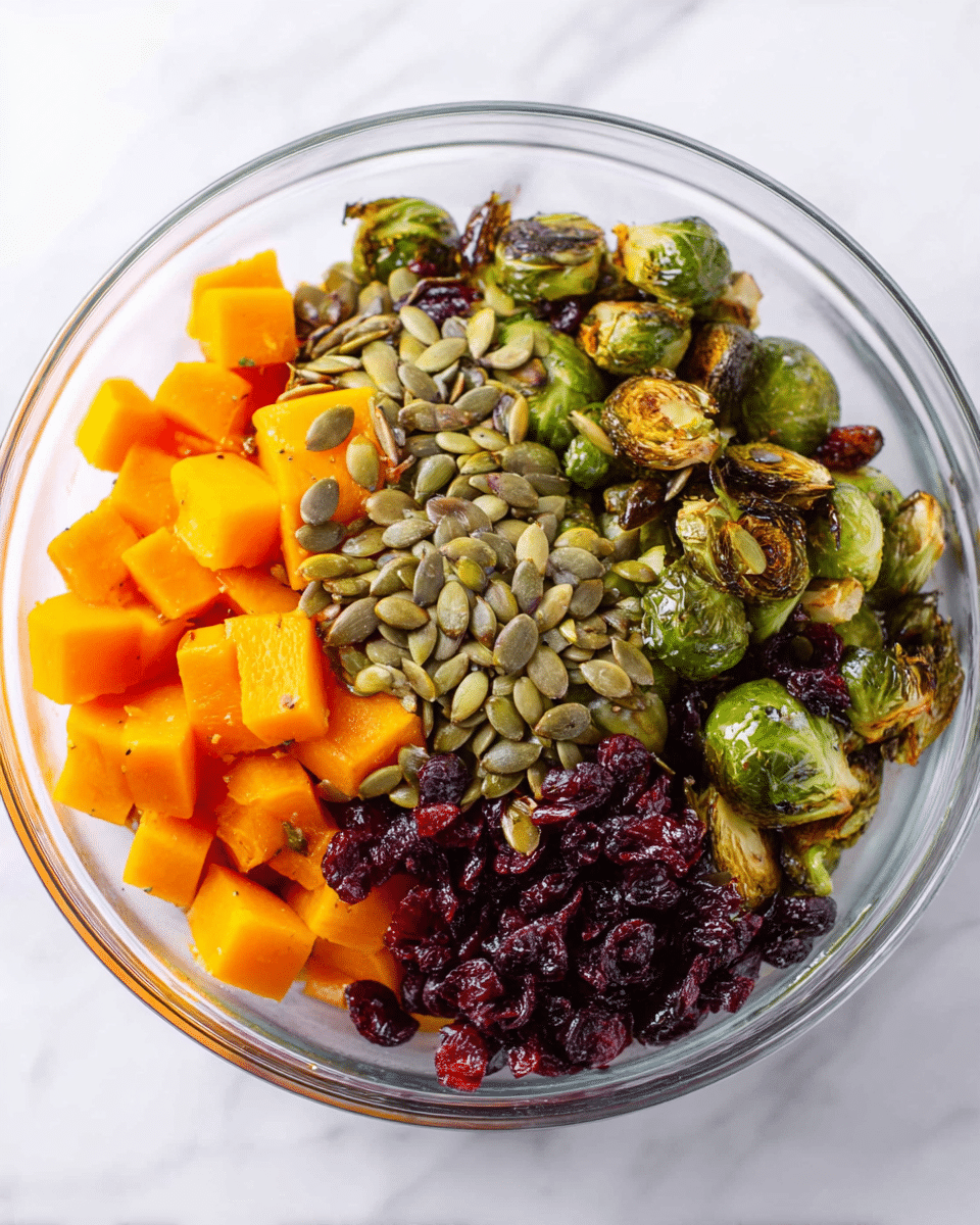 A clear glass bowl filled with four main layers of food, starting with bright orange roasted butternut squash cubes at the bottom, topped with green roasted Brussels sprouts that have a slight char and crispy texture, followed by a pile of light brown pumpkin seeds clustered on one side, and a group of dark red dried cranberries on another side, all sitting on a white marbled surface photo taken with an iphone --ar 4:5 --v 7