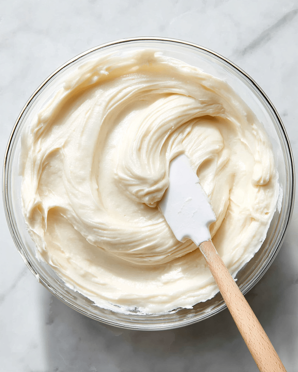 A clear glass bowl filled with one thick, smooth layer of creamy white frosting. The frosting has a soft, fluffy texture with gentle swirls and peaks visible on its surface. A white spatula with a wooden handle is partially dipped into the frosting, resting on the edge of the bowl. The bowl is placed on a white marbled surface. photo taken with an iphone --ar 4:5 --v 7