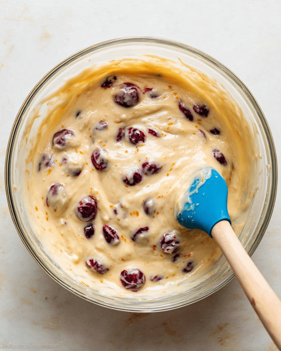 A clear glass bowl filled with thick, creamy batter that is pale yellow with small orange specks mixed in. Scattered throughout the batter are whole dark purple and red berries partly submerged in the smooth mixture. A blue silicone spatula with a wooden handle is partially visible on the right side, resting in the batter. The bowl sits on a white marbled surface, with soft natural light highlighting the texture of the batter and the roundness of the berries. photo taken with an iphone --ar 4:5 --v 7