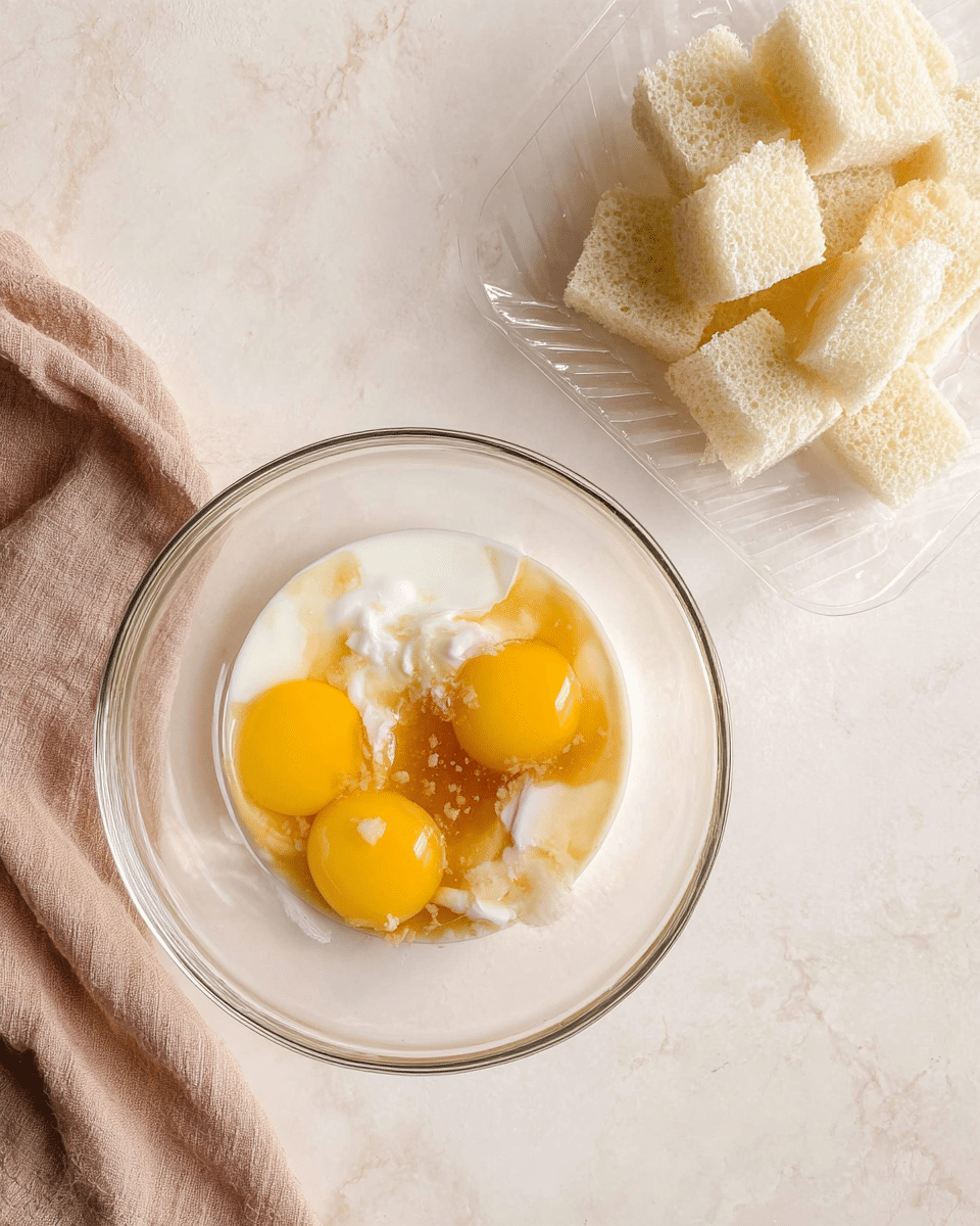 A clear glass bowl placed on a white marbled surface holds two raw eggs with bright yellow yolks, a white creamy liquid, and a light brown syrup on top, creating a mix of three distinct colors and smooth textures. To the top right of the bowl, there is a transparent plastic sheet with several small, square pieces of white bread stacked casually. On the bottom left of the image, a soft, light brown cloth is slightly folded, adding a gentle fabric texture to the setting. photo taken with an iphone --ar 4:5 --v 7