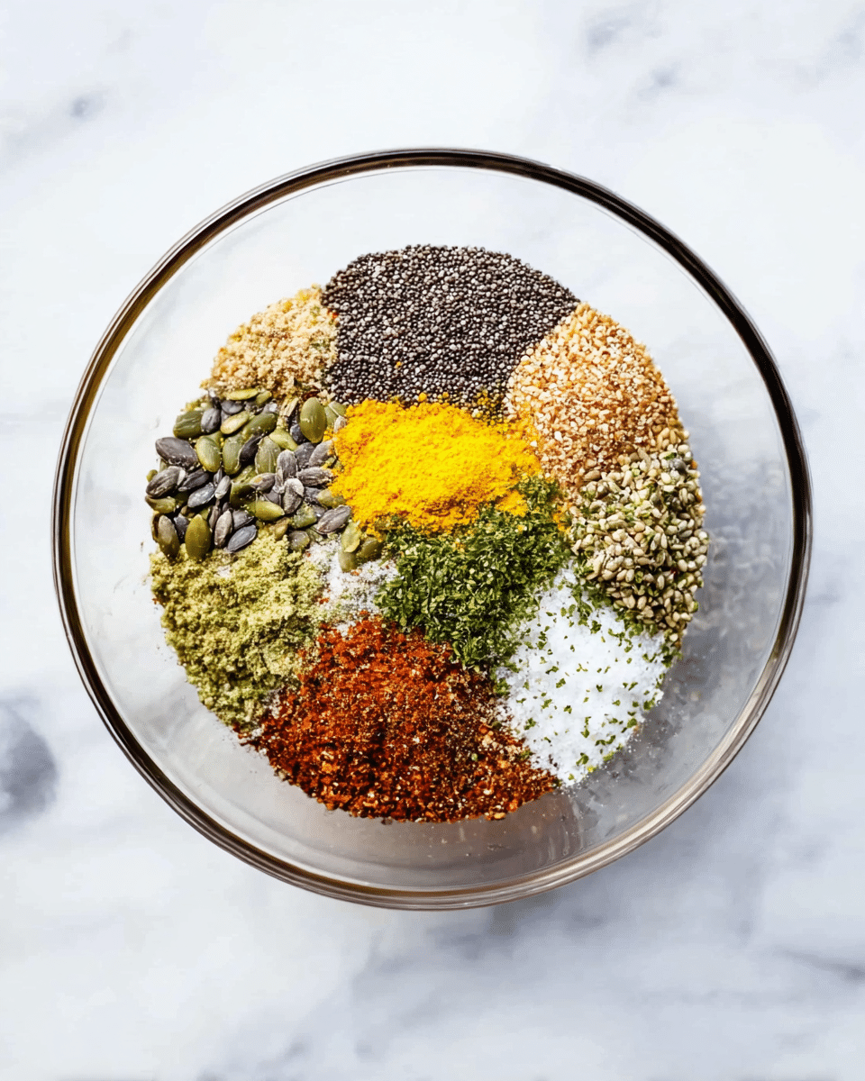A clear glass bowl sits on a white marbled surface filled with eight colorful layers of dry ingredients arranged in a circle. Starting from the top: dark brown small seeds, bright yellow powder, light grey sunflower seeds, black chia seeds, green chopped herbs, a mix of green pumpkin seeds and white sesame seeds, reddish-brown spice powder, and some white salt with a sprinkle of green herbs. Each ingredient forms a distinct section, creating a vibrant and textured pattern inside the bowl. photo taken with an iphone --ar 4:5 --v 7