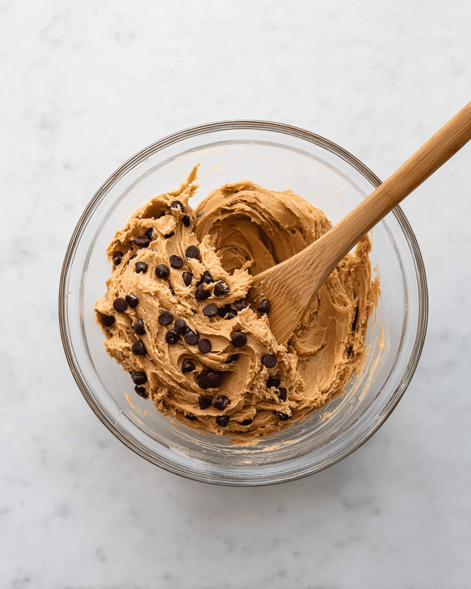 A clear glass bowl sits on a white marbled surface, filled with thick, light brown cookie dough mixed with dark chocolate chips scattered throughout. A wooden spoon with a smooth texture is placed inside the bowl, resting on the dough as if recently used to stir it, with swirled textures visible in the dough. The image is bright and clean, showing the mixture in the center of the bowl from a top-down view. photo taken with an iphone --ar 4:5 --v 7