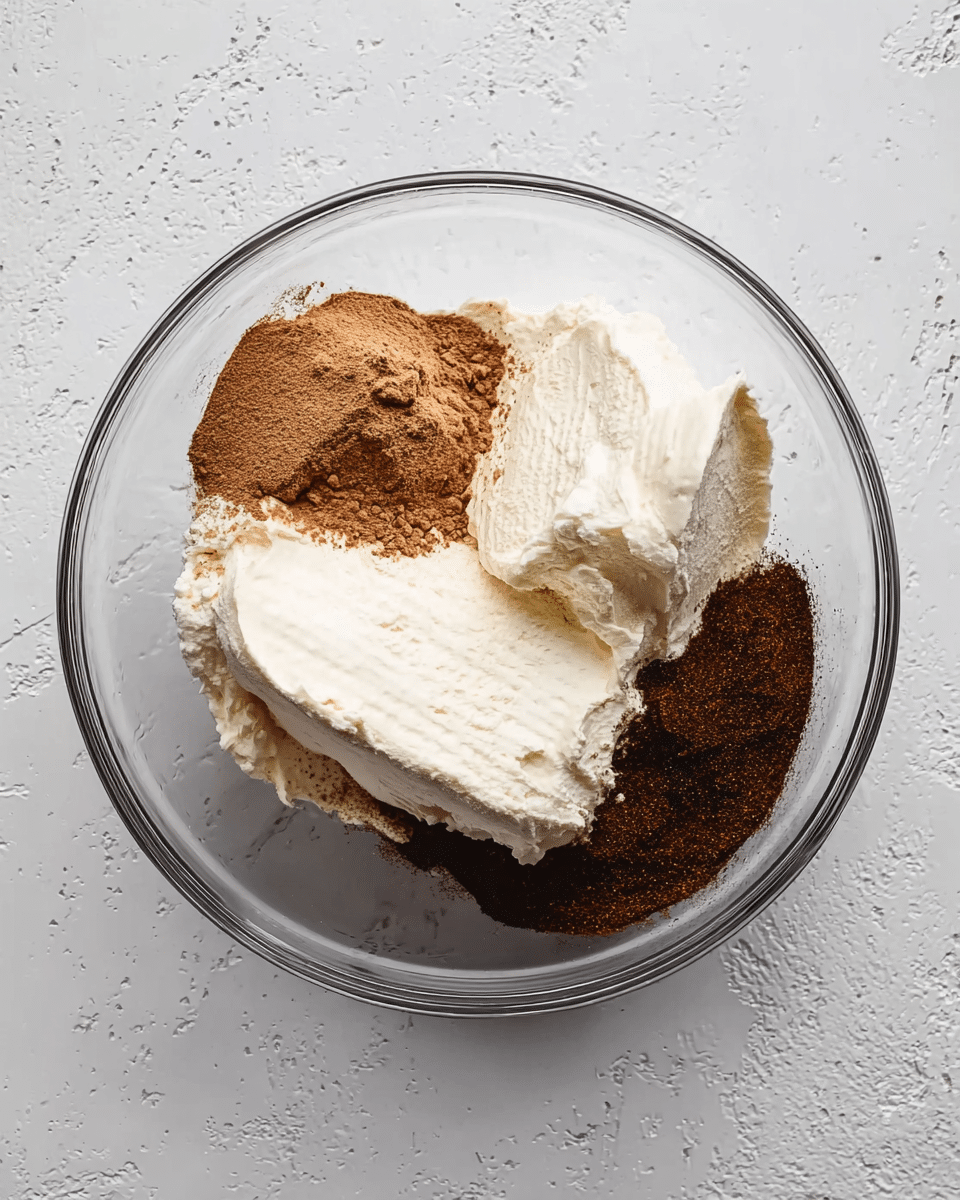 A clear glass bowl sits on a white marbled surface filled with three main layers of ingredients. The bottom layer shows a dark brown powder on the left side, next to a medium brown powder on the upper left side. Two large dollops of soft, creamy white mixture take up the right side of the bowl, with one dollop slightly overlapping the other. The textures contrast between the smooth cream and the dry powders, all clearly separated but ready to be mixed. photo taken with an iphone --ar 4:5 --v 7