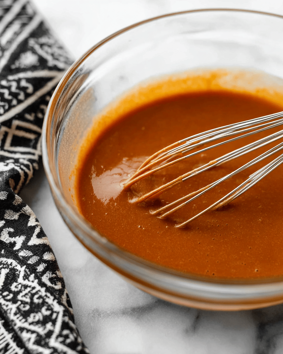 A clear glass bowl sits on a white marbled surface, filled with a smooth, thick sauce that is reddish-brown in color with a slightly creamy texture. A metal whisk is partially dipped in the sauce, with some sauce clinging to its wires, showing motion from mixing. To the left side of the bowl, part of a black and white patterned cloth is visible. The focus is close-up, capturing the glossy surface of the sauce and the texture inside the bowl. photo taken with an iphone --ar 4:5 --v 7