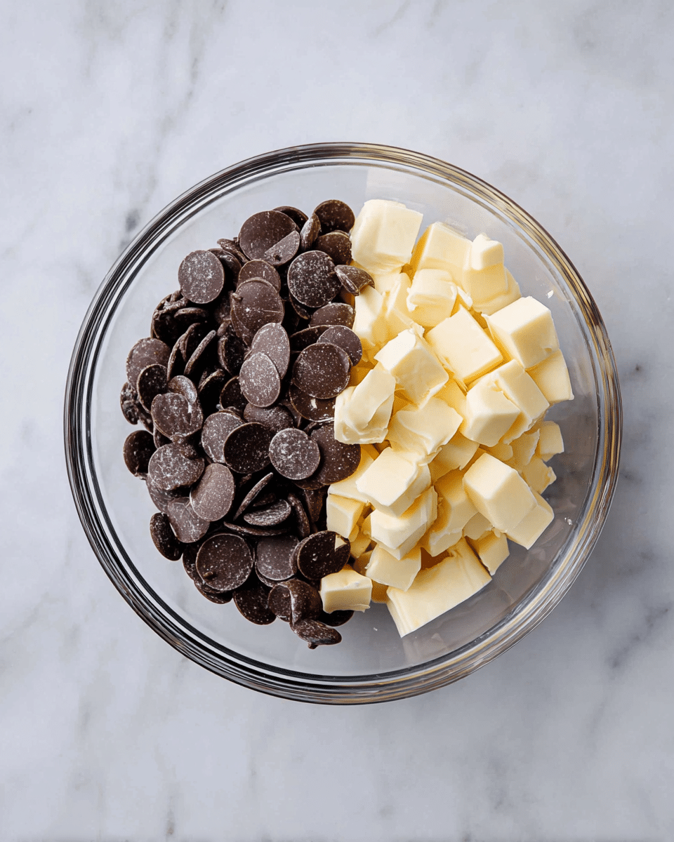 A clear glass bowl sits on a white marbled surface, filled with a layer of small, dark brown chocolate discs on the left side, while the right side has evenly sized cubes of light yellow butter. The bowl is round and transparent, showing the two separate layers clearly without mixing. photo taken with an iphone --ar 4:5 --v 7