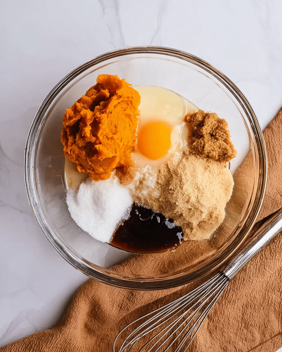 A clear glass bowl sits on a white marbled surface with a white cloth partially visible on the top right. Inside the bowl are five visible layers: a large dollop of orange pumpkin puree in the top left, a cracked raw egg with a bright yellow yolk and clear white slightly to the right of the pumpkin, a mound of light brown sugar at the bottom right next to the egg, a mound of white granulated sugar at the bottom left, and a small pool of dark brown liquid syrup on the right edge next to the brown sugar, all arranged separately without mixing. A metal whisk lies to the bottom right outside the bowl, resting partially on a brown cloth. photo taken with an iphone --ar 4:5 --v 7