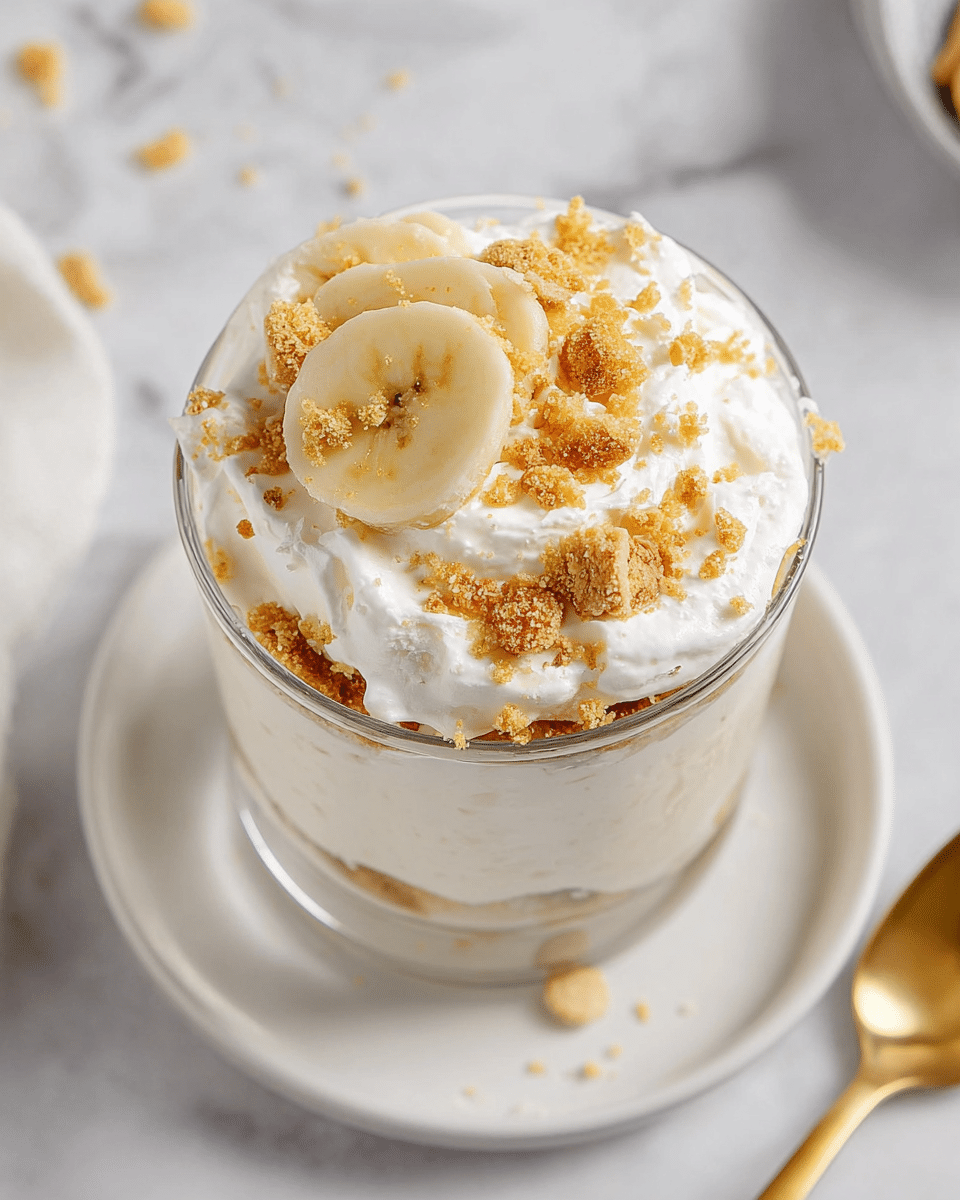 A clear glass filled with a creamy white dessert topped with a thick layer of whipped cream, scattered with golden-brown crumbled cookie pieces, and a single fresh slice of banana placed in the center. The glass is placed on a white plate with a white marbled background, and a gold spoon is nearby. The texture on top looks soft and fluffy with crunchy crumbles adding contrast. photo taken with an iphone --ar 4:5 --v 7