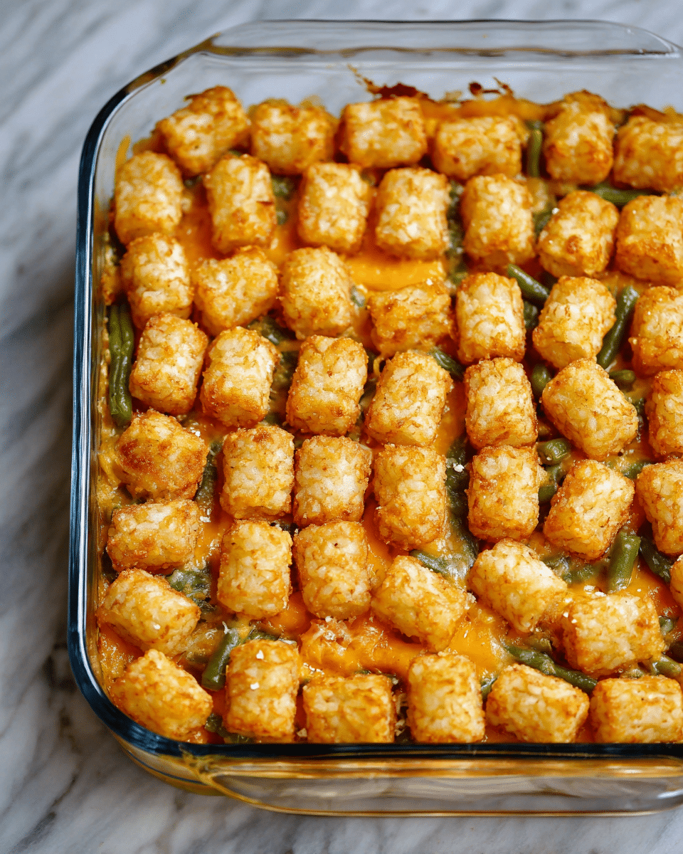 A clear glass square baking dish holds a layered tater tot casserole. The bottom layer is orange melted cheese mixed with green beans scattered unevenly. Covering this is a thick, crispy layer of golden brown tater tots with visible seasoning and flakes of salt on top. The dish is placed on a white marbled surface photo taken with an iphone --ar 4:5 --v 7