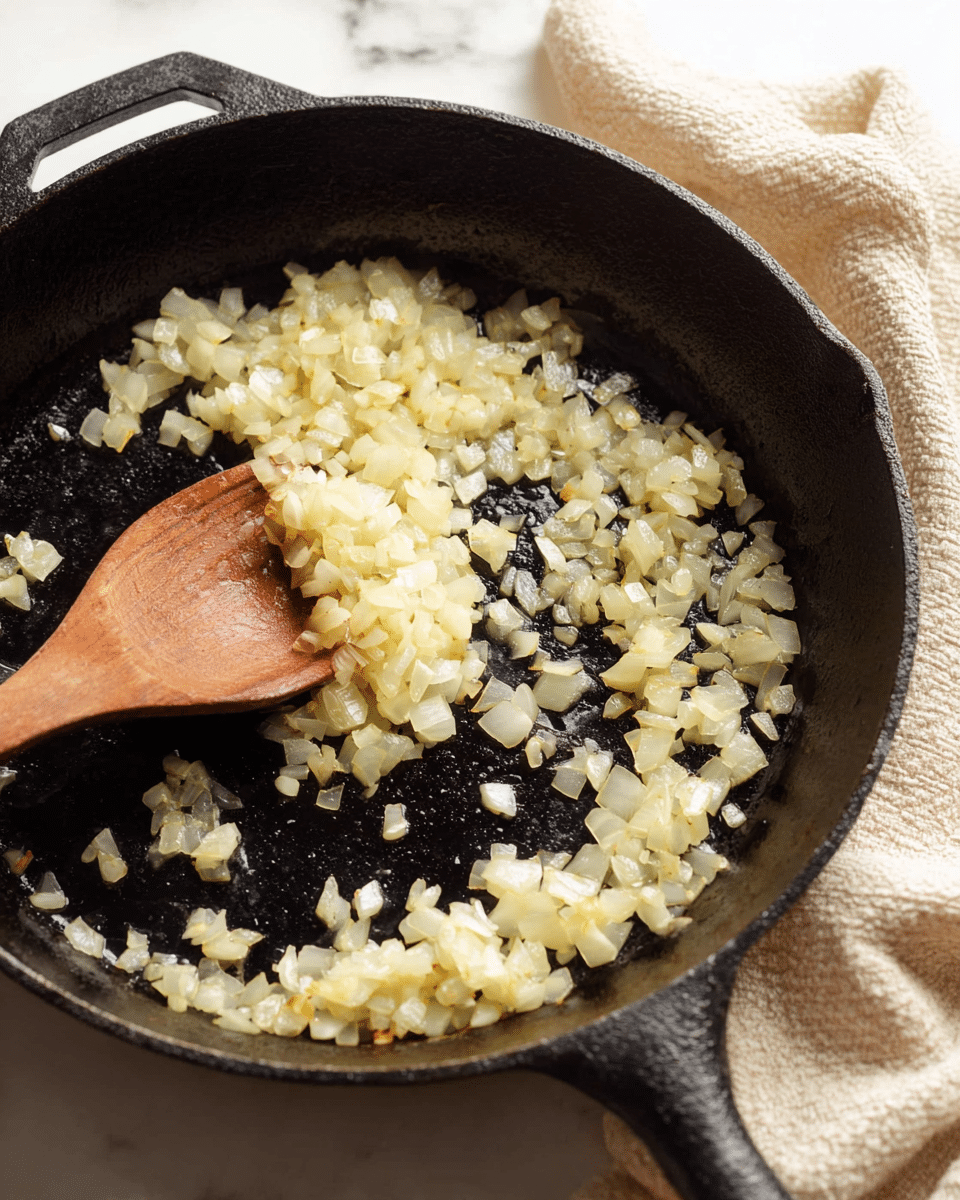 A close-up image of a black cast iron pan with small pieces of light yellow and translucent onions being lightly cooked and stirred by a wooden spoon inside the pan, showing the texture of soft, slightly shiny onion pieces arranged mostly around the edges while the center is mostly clear, all placed on a white marbled surface with a beige cloth in the background, photo taken with an iphone --ar 4:5 --v 7