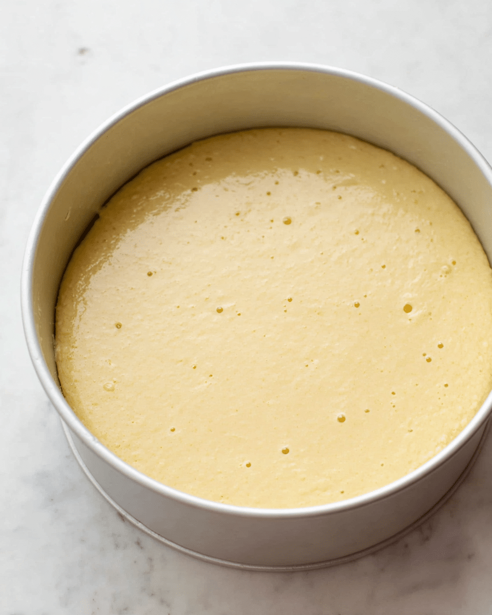 A close-up photo of a smooth, pale yellow cake batter that fills a single layer inside a round white cake pan, sitting on a white marbled surface. The batter has a few small bubbles on its soft surface, showing it is ready for baking. The sides of the pan are slightly taller than the batter, holding it gently in place. photo taken with an iphone --ar 4:5 --v 7