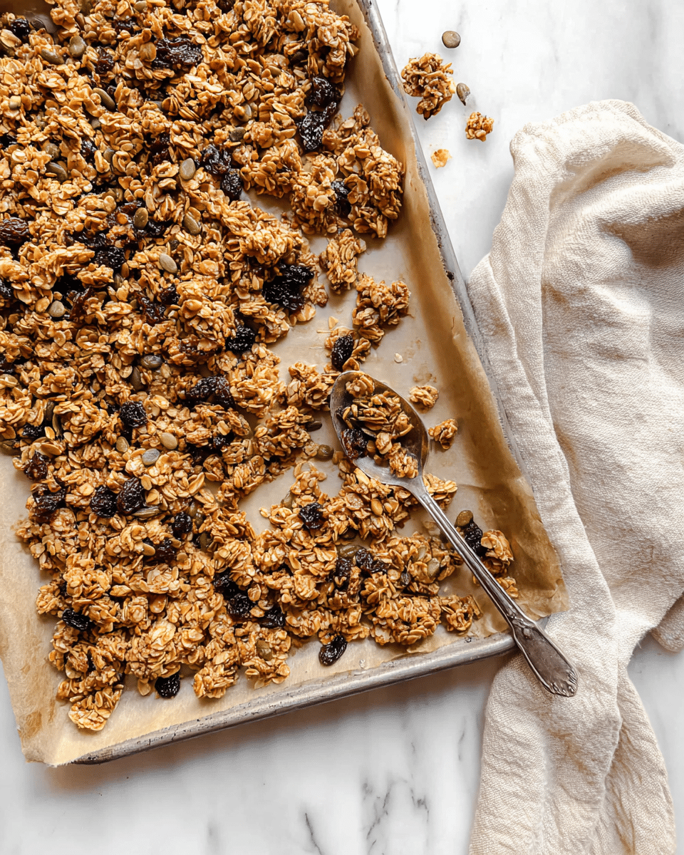 A baking tray lined with parchment paper holds a spread of golden brown granola clusters mixed with oats, pumpkin seeds, and dark dried berries scattered throughout. The granola has a textured, crunchy look with various sizes of clusters, some broken apart around the edges of the tray. A silver spoon rests on the right side, partially scooping up some granola. The surface under the tray is a white marbled texture. Photo taken with an iphone --ar 4:5 --v 7