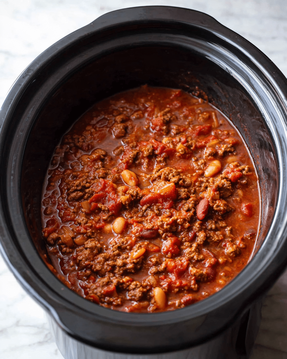A close-up view of a black slow cooker filled with a thick, chunky stew made of brown ground meat, beige beans, small pieces of white onion, and red tomato sauce. The stew has a rich reddish-brown color and a slightly shiny texture with visible bits of cooked vegetables and beans evenly mixed throughout, sitting inside the smooth, dark interior of the cooker. The slow cooker is placed on a surface with a white marbled texture. Photo taken with an iphone --ar 4:5 --v 7