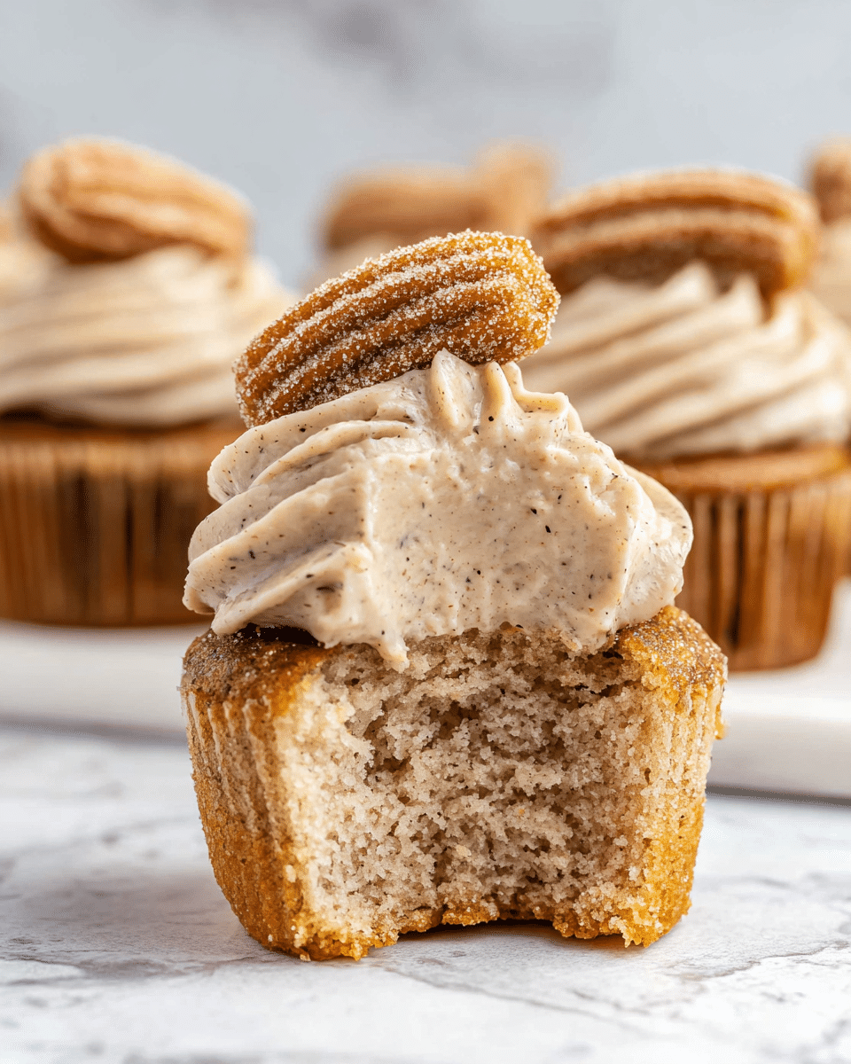 A close-up view of a cupcake with three layers: the base is a light brown, speckled soft cake with a bite taken out of it, showing its moist texture. On top of the cake, there is a thick layer of beige, swirled frosting with fine dark specks throughout, creating a creamy, smooth look. Sitting on the frosting, there is a small, golden-brown churro coated with sugar that adds a rough, crunchy texture. In the blurred background, more cupcakes topped with the same frosting and churros can be seen on a white marbled surface. photo taken with an iphone --ar 4:5 --v 7